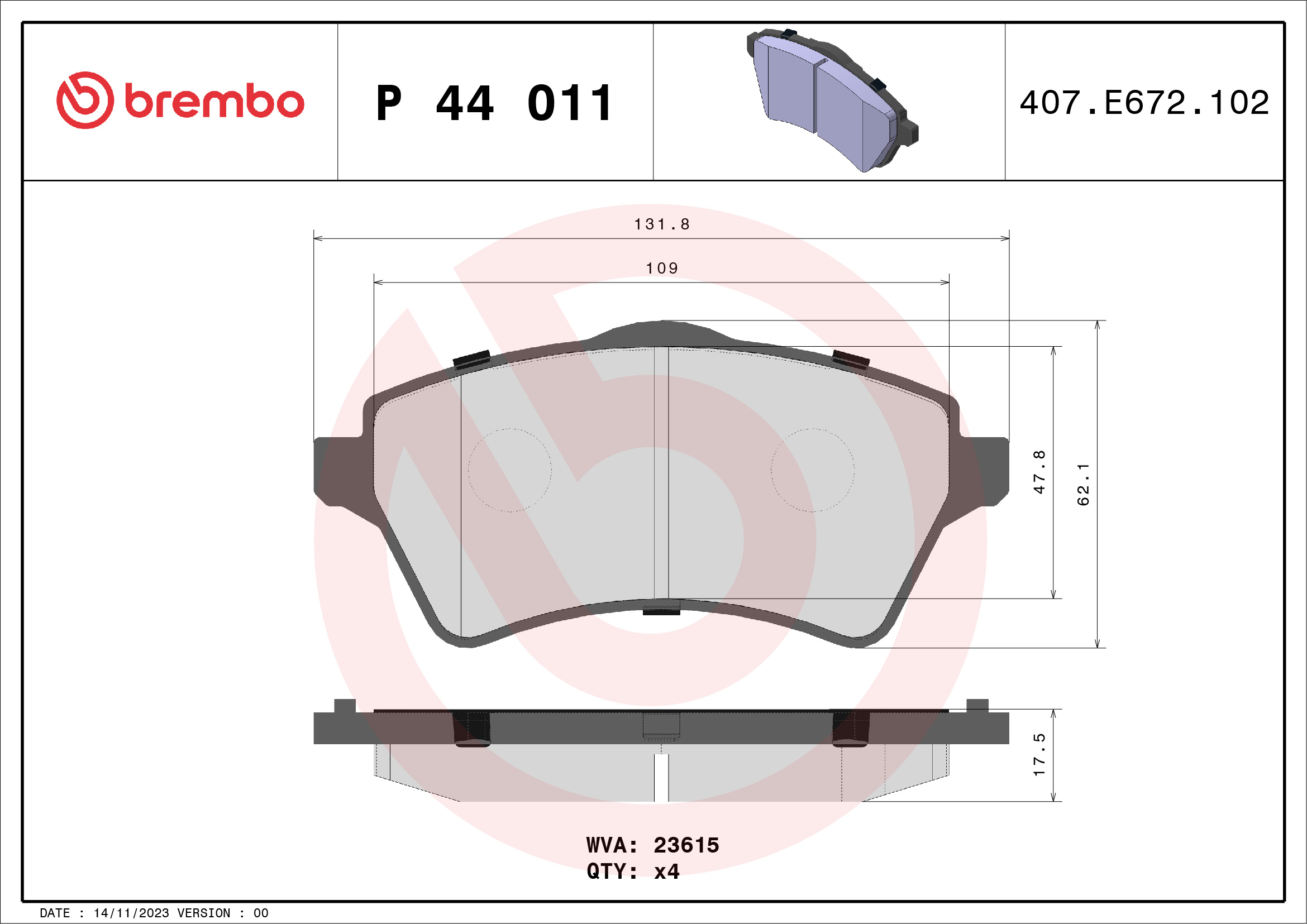 Brake Pad Set, disc brake - P 44 011 BREMBO