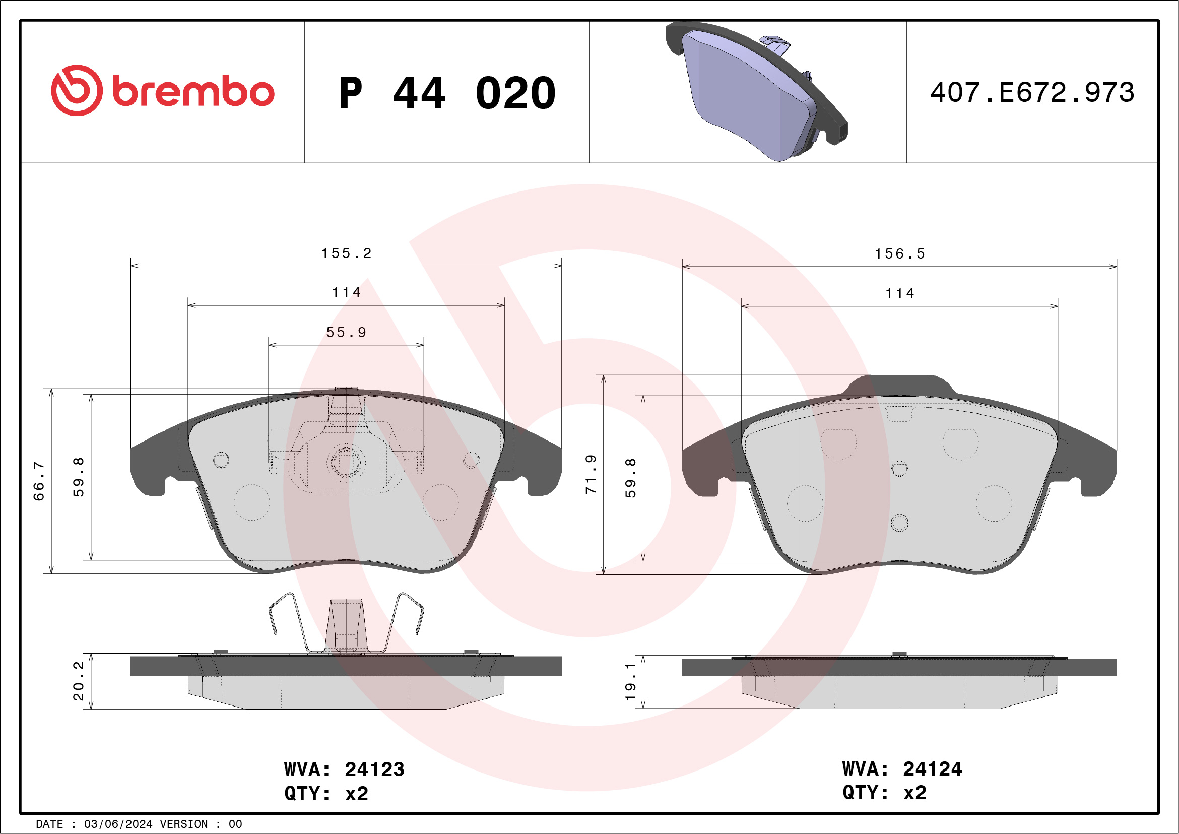 Комплект тормозных колодок, дисковый тормоз - P 44 020 BREMBO