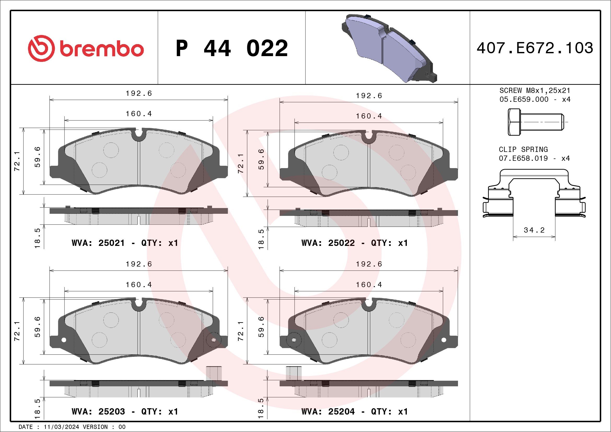 Kit pastiglie freno, Freno a disco - P 44 022 BREMBO
