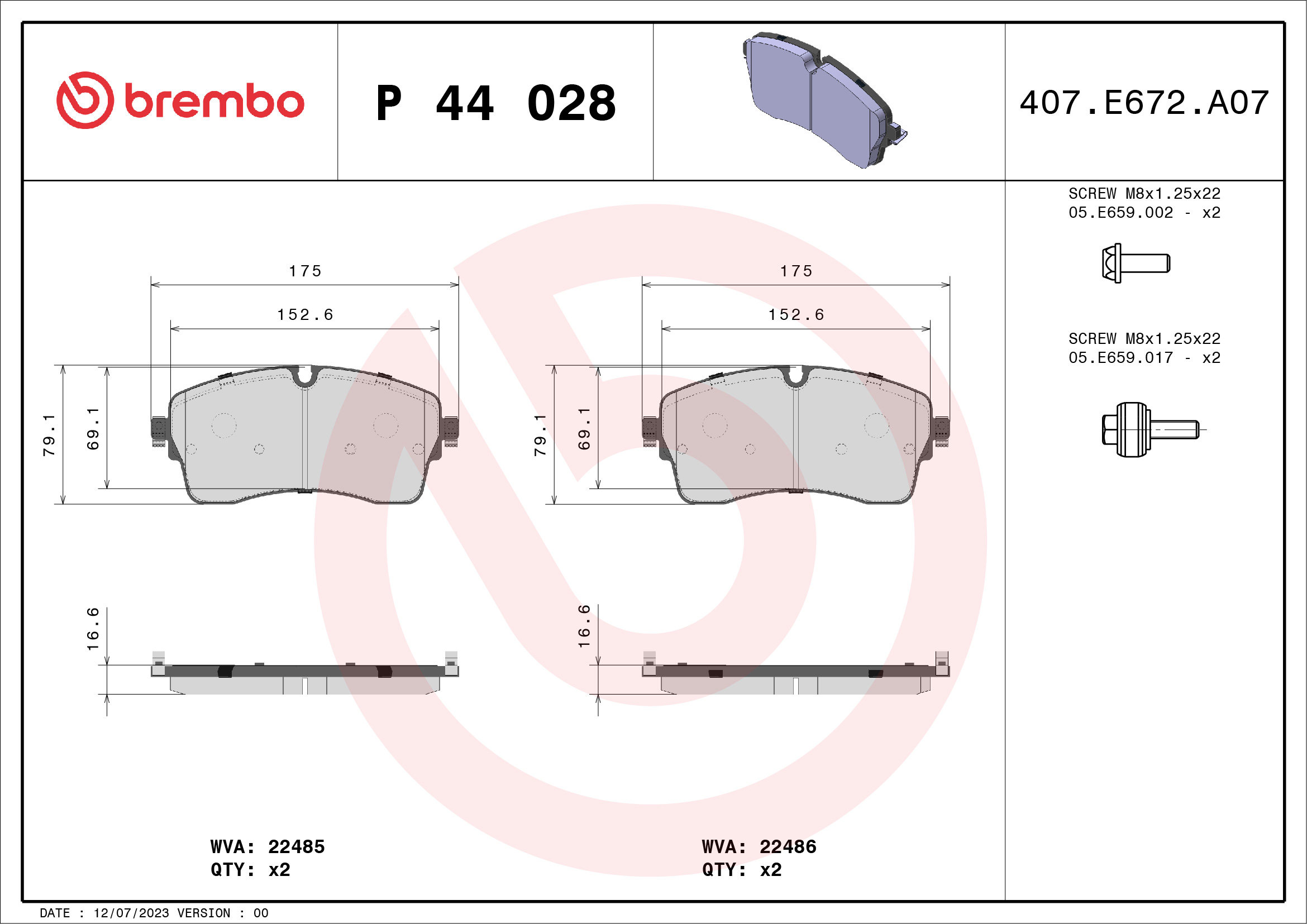 Brake Pad Set, disc brake - P 44 028 BREMBO