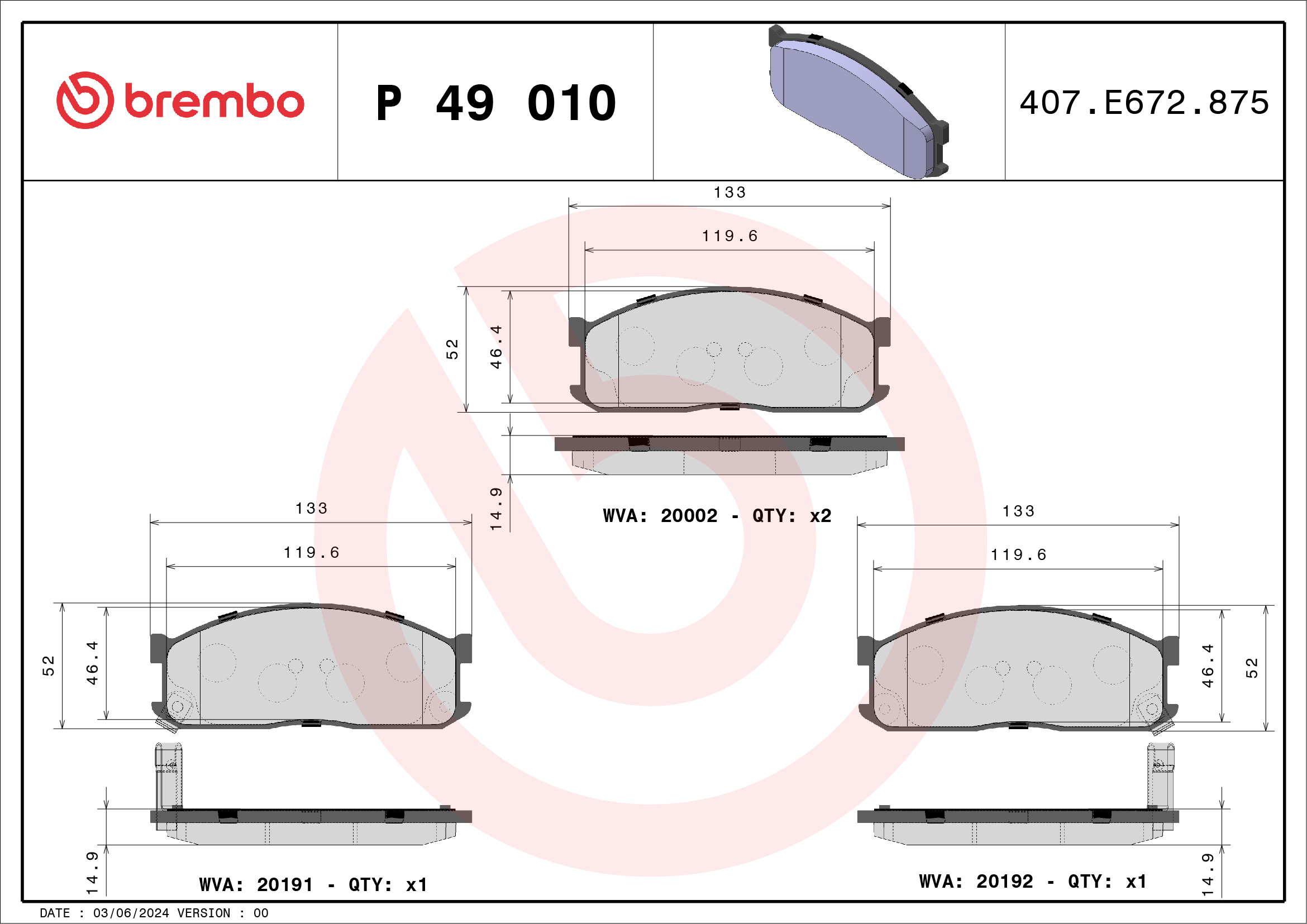 Комплект тормозных колодок, дисковый тормоз - P 49 010 BREMBO
