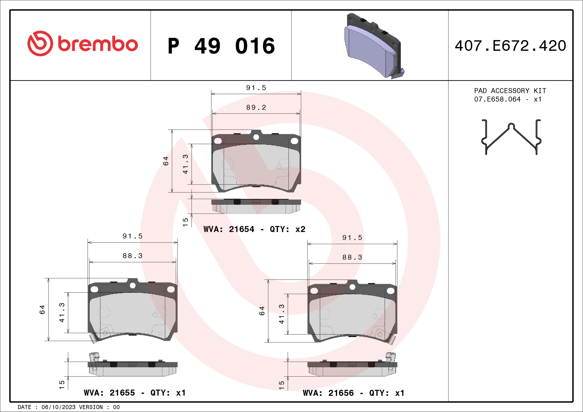 Brake Pad Set, disc brake - P 49 016 BREMBO