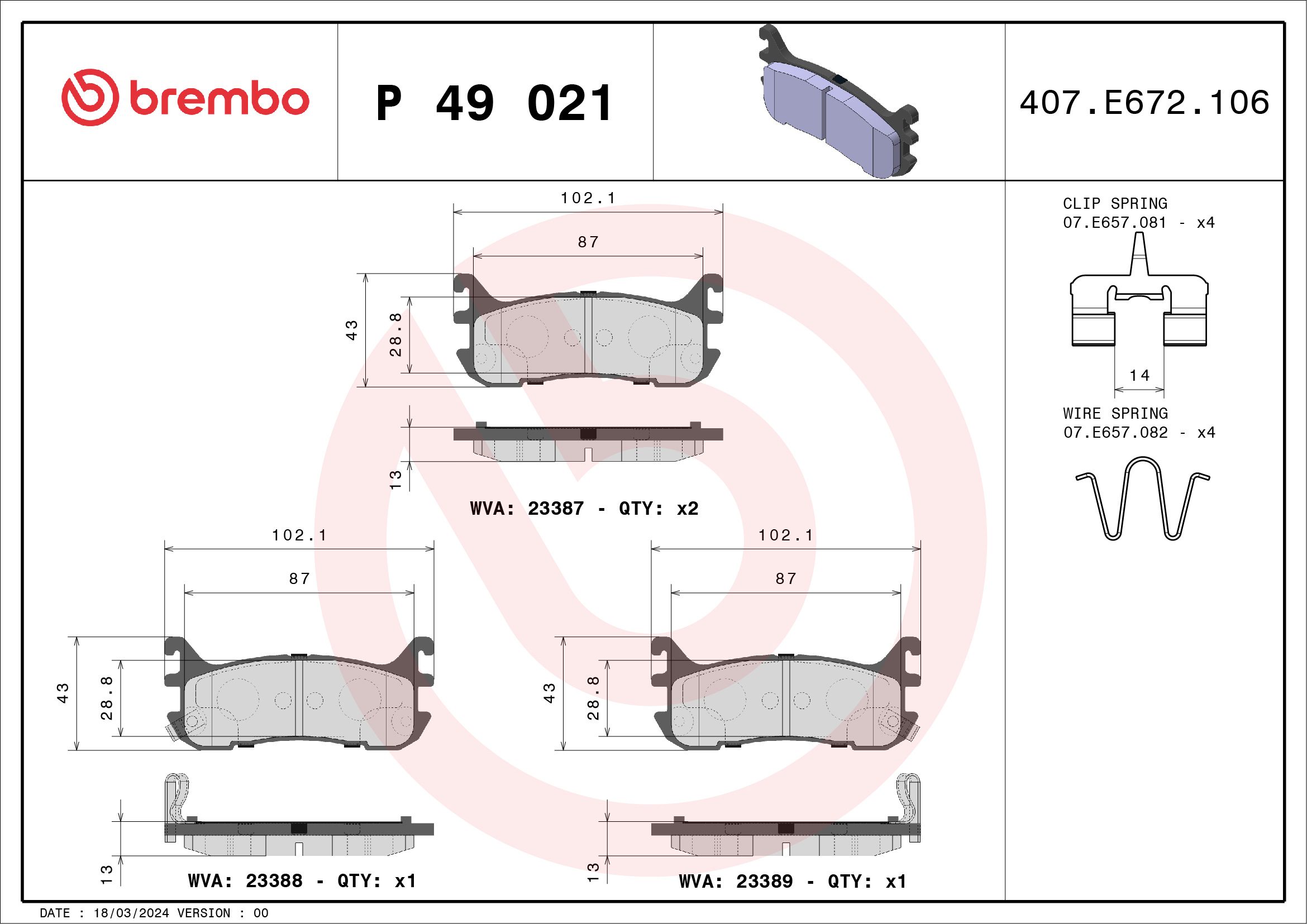 Комплект тормозных колодок, дисковый тормоз - P 49 021 BREMBO