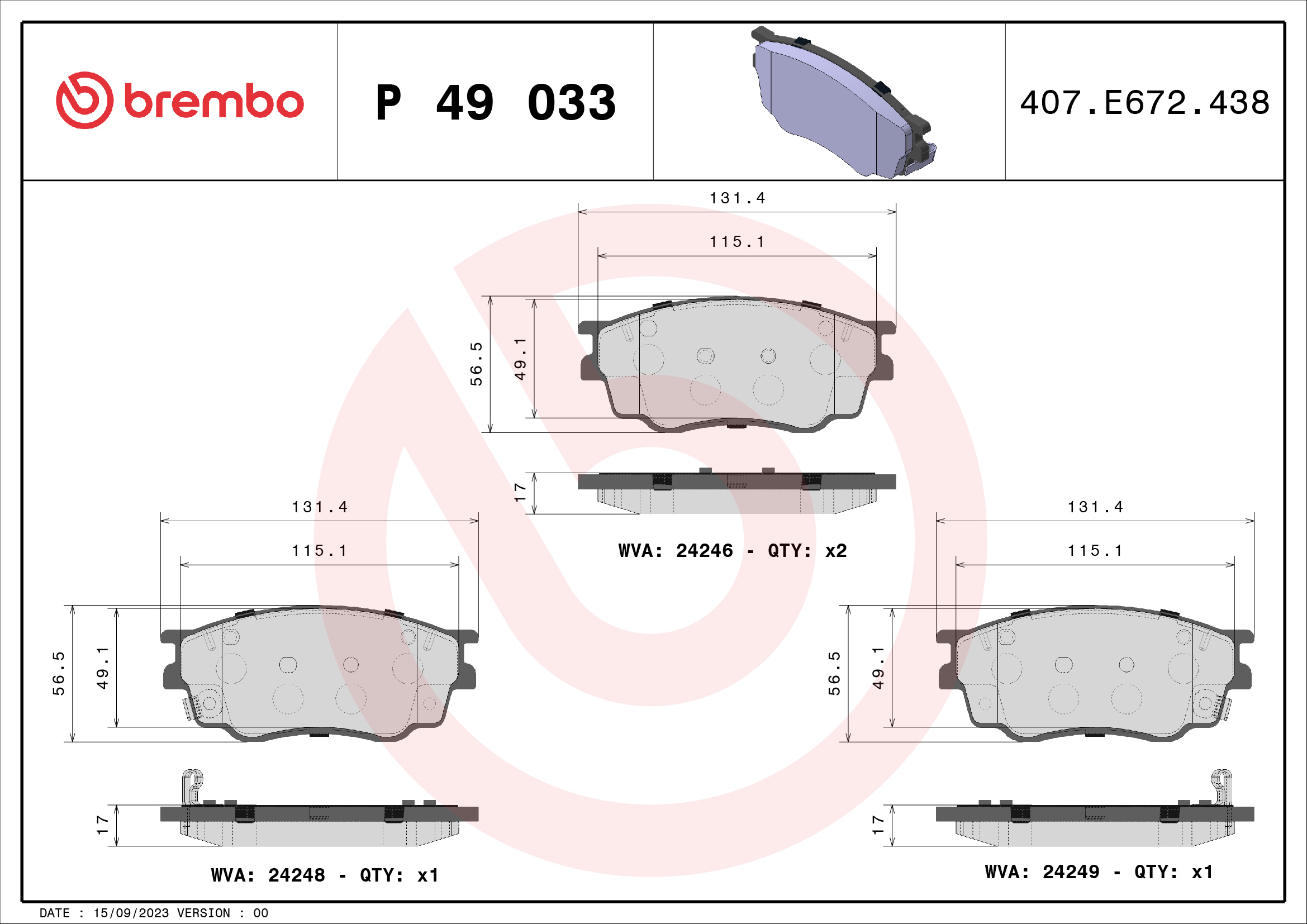 Brake Pad Set, disc brake - P 49 033 BREMBO