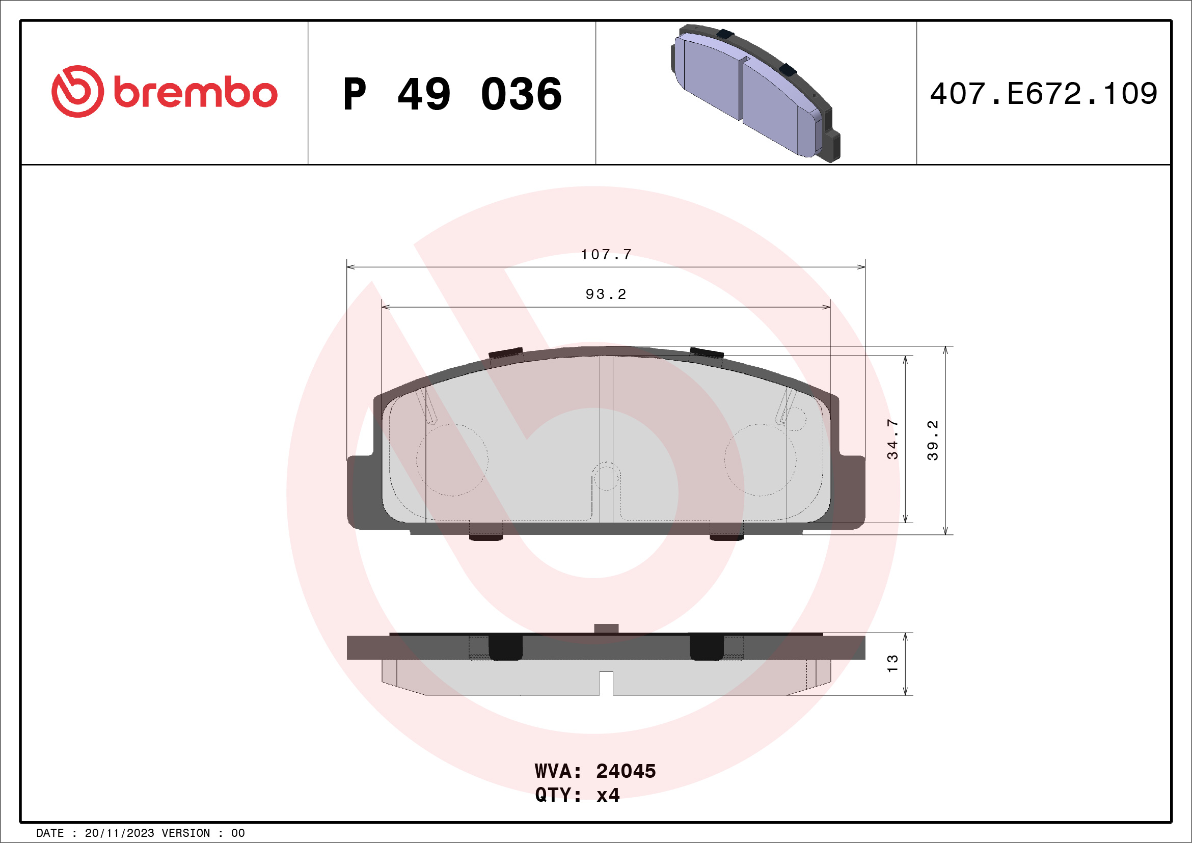 Kit pastiglie freno, Freno a disco - P 49 036 BREMBO