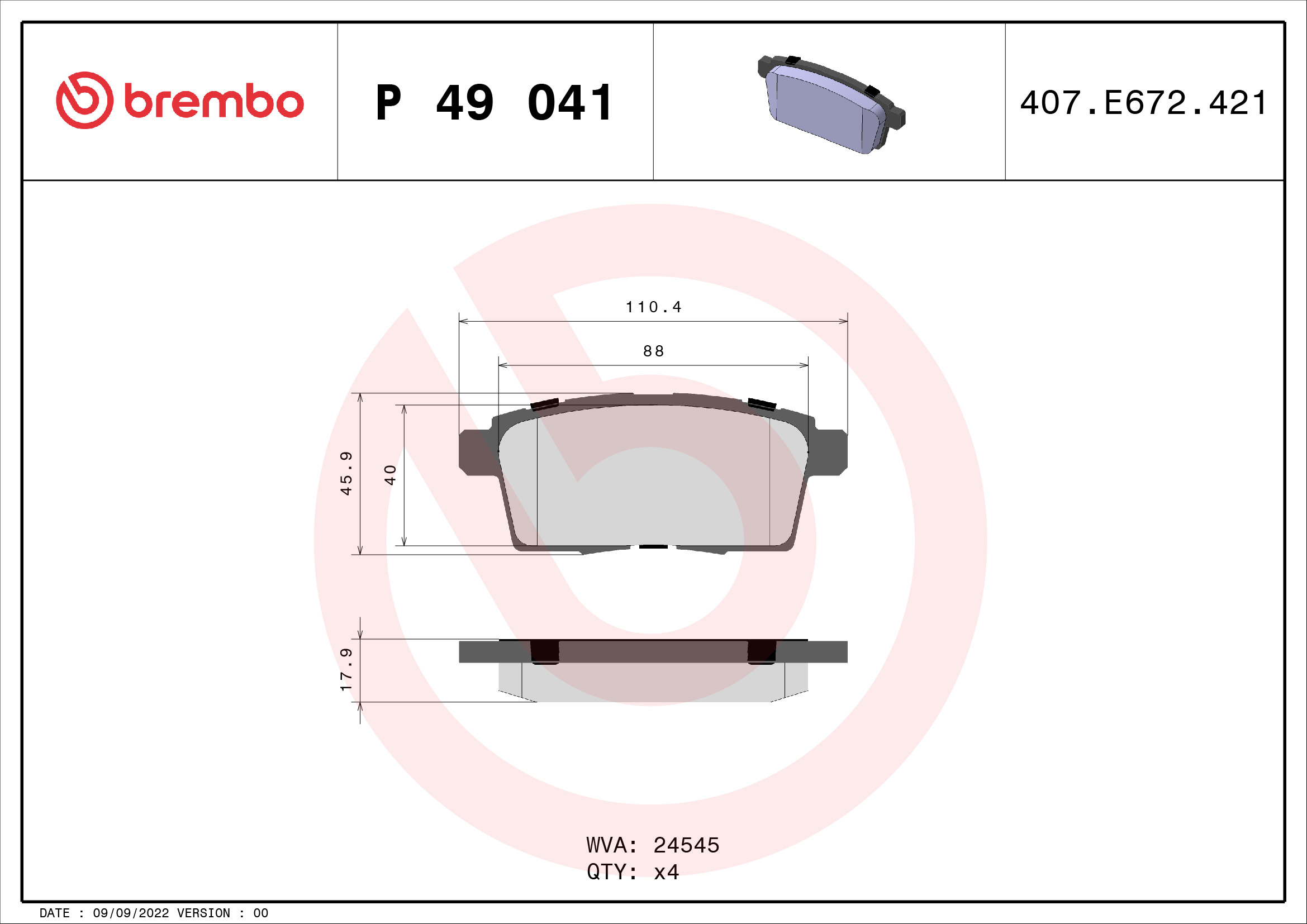 stabdžių trinkelių rinkinys, diskinis stabdys - P 49 041 BREMBO