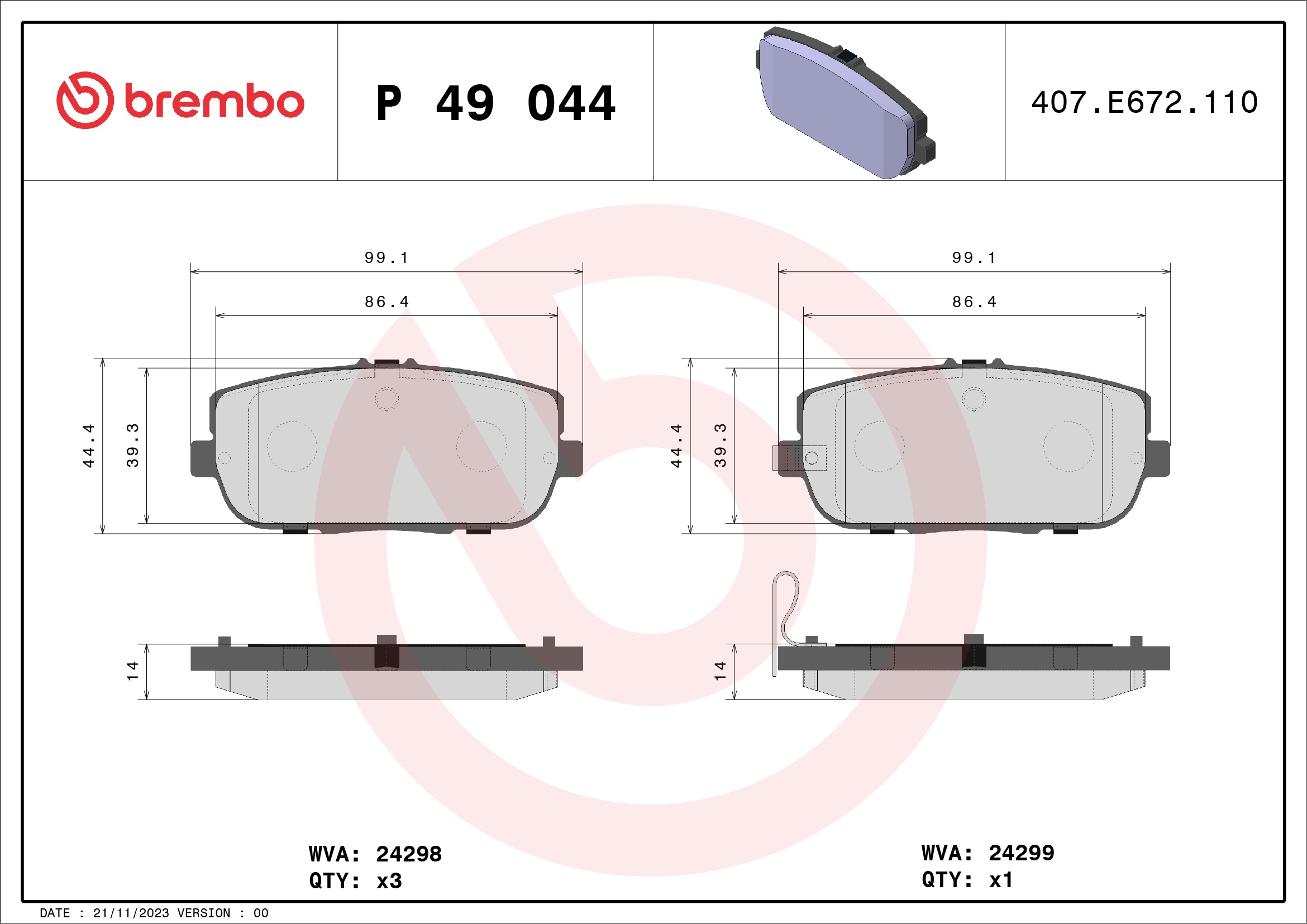 Комплект тормозных колодок, дисковый тормоз - P 49 044 BREMBO