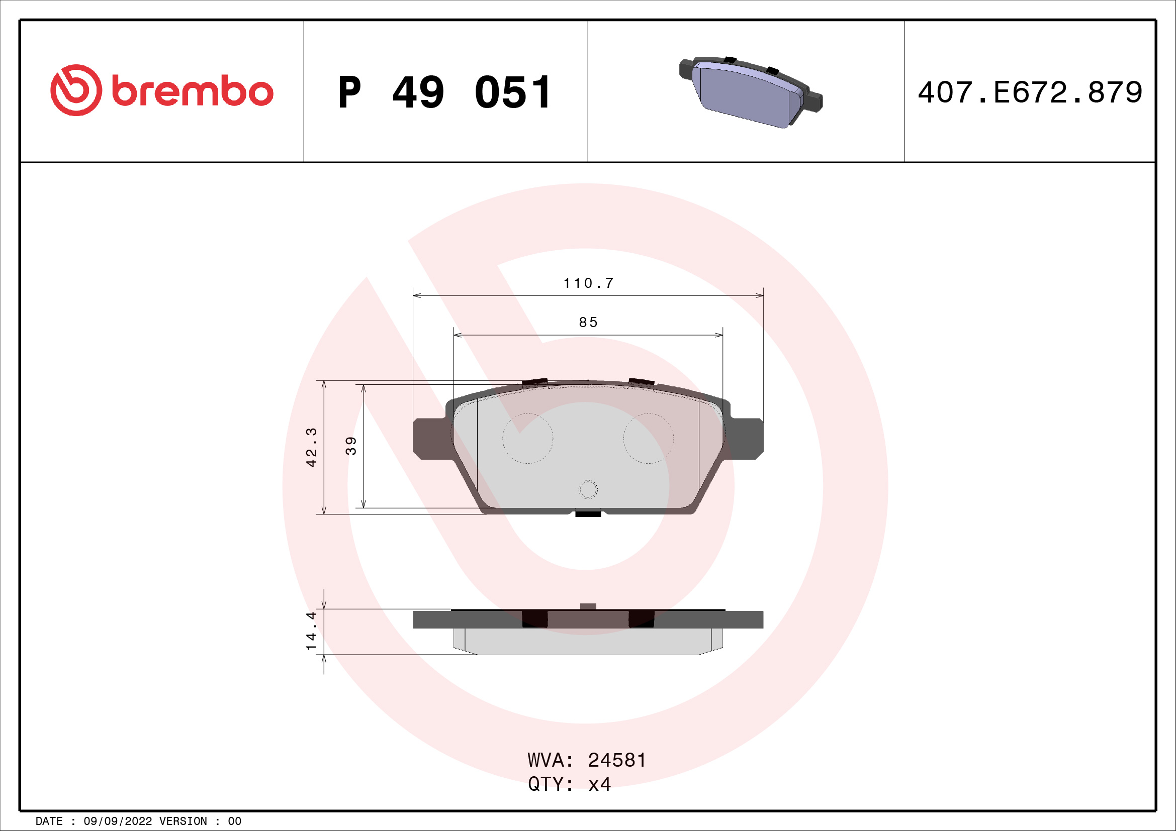 Brake Pad Set, disc brake - P 49 051 BREMBO
