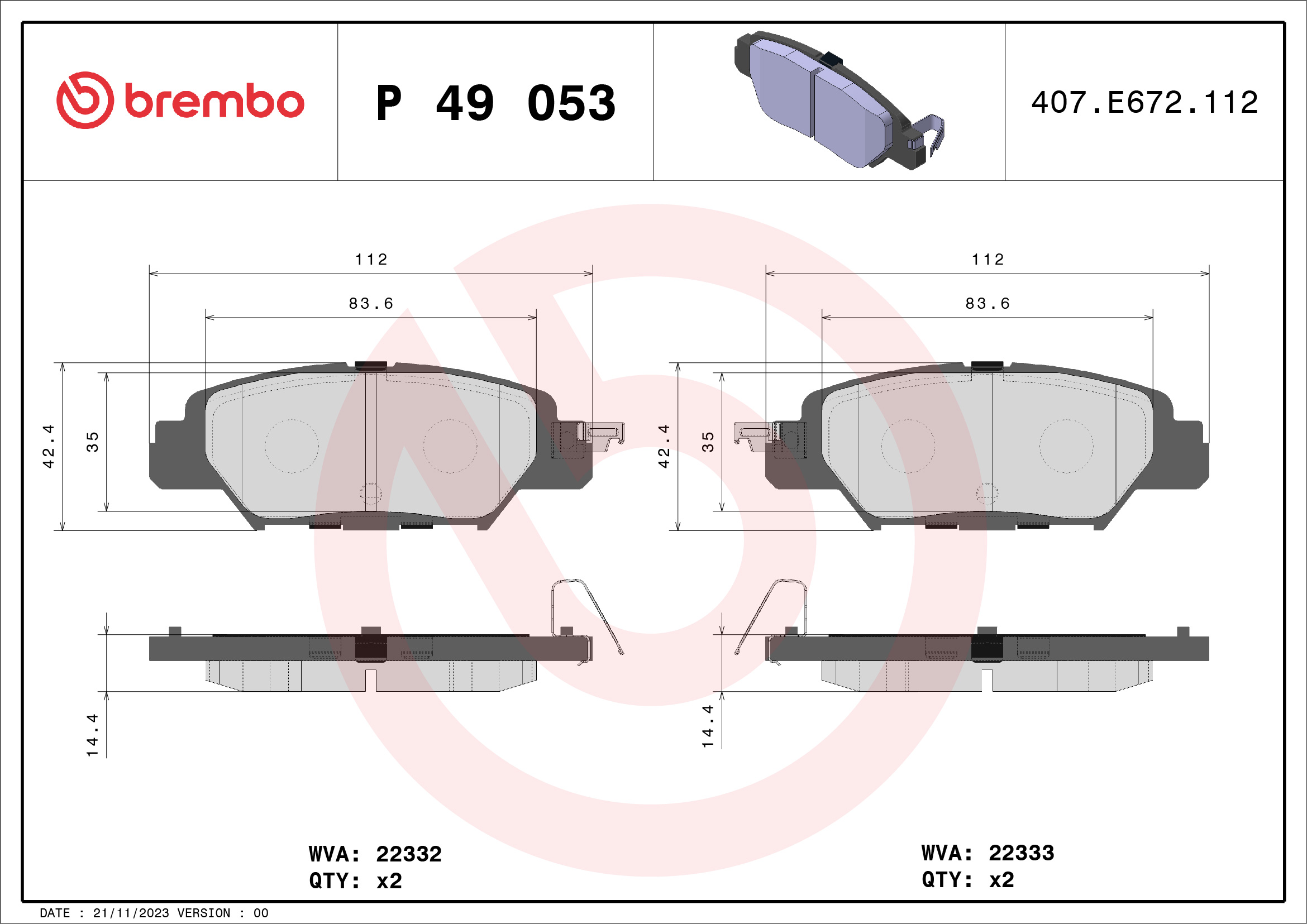 Комплект тормозных колодок, дисковый тормоз - P 49 053 BREMBO