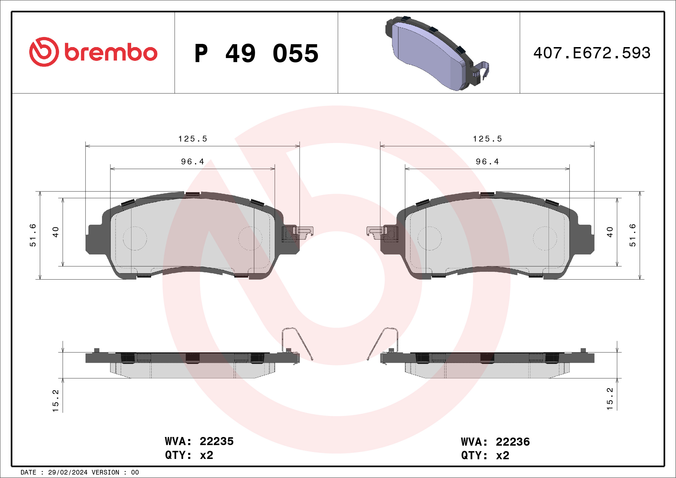 Brake Pad Set, disc brake - P 49 055 BREMBO