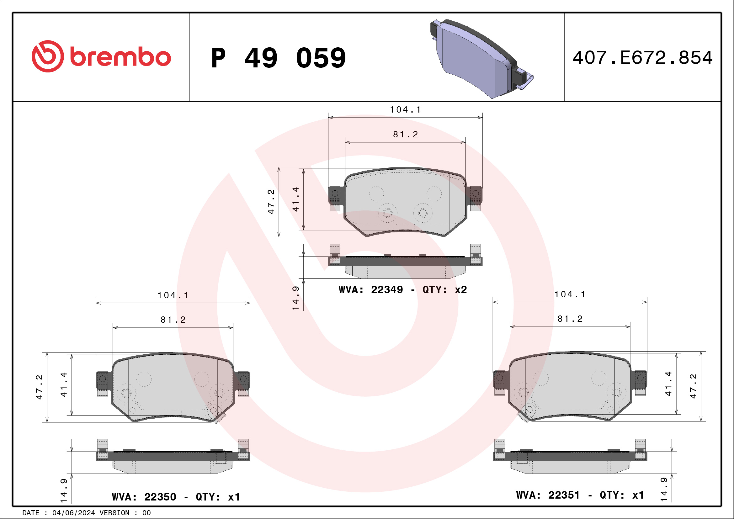 stabdžių trinkelių rinkinys, diskinis stabdys - P 49 059 BREMBO