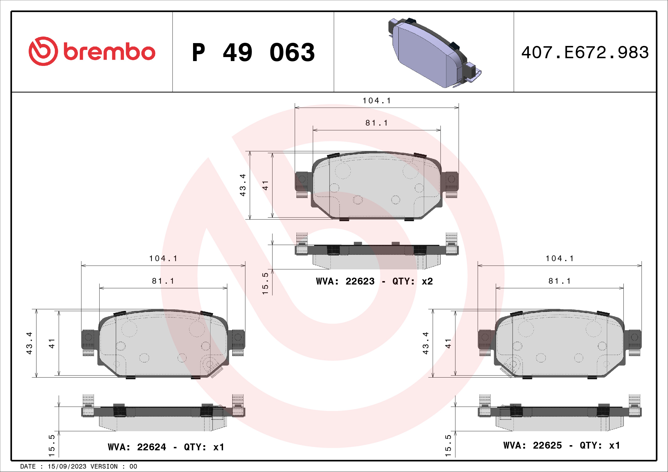 Brake Pad Set, disc brake - P 49 063 BREMBO