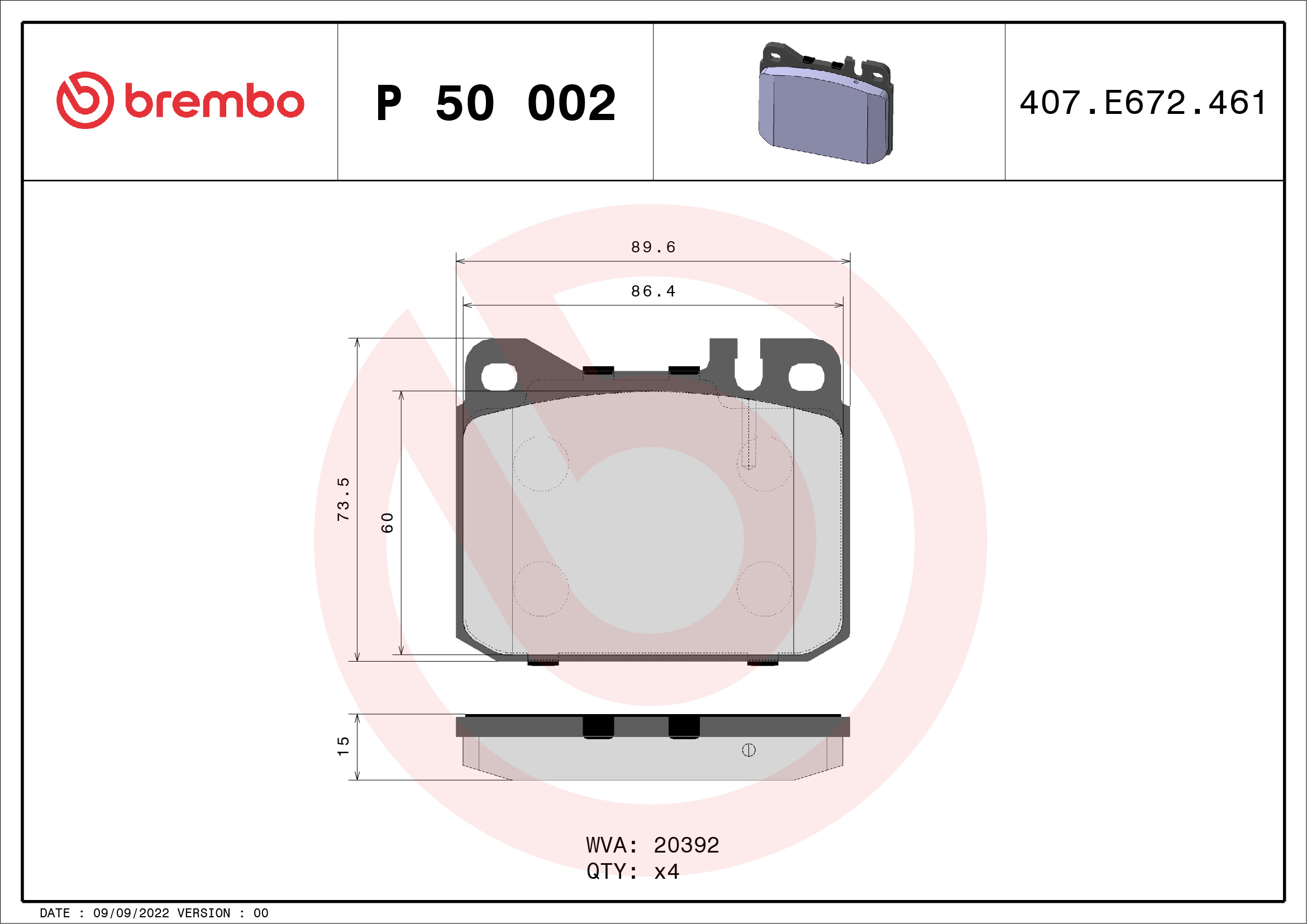 Комплект тормозных колодок, дисковый тормоз - P 50 002 BREMBO