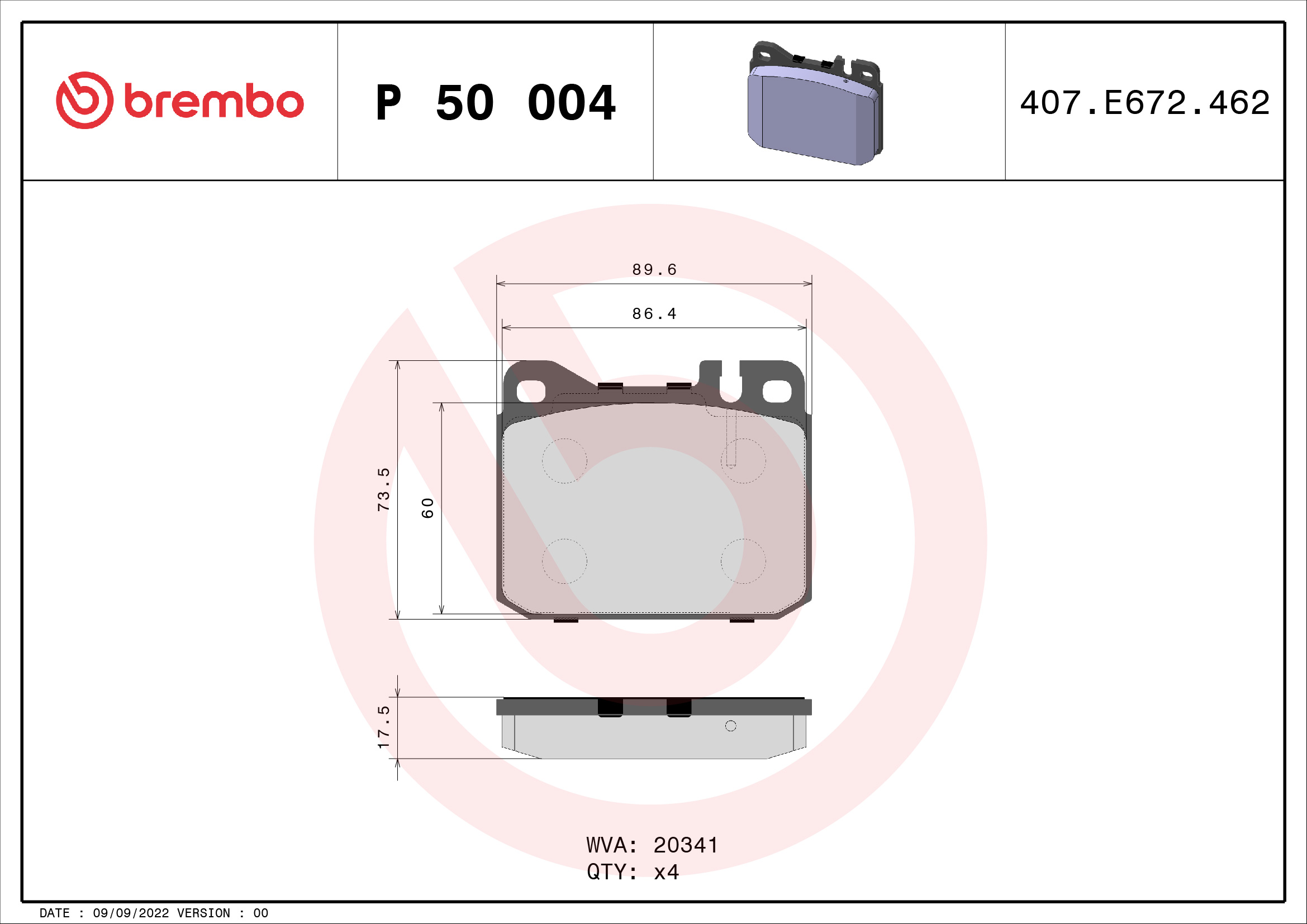 Brake Pad Set, disc brake - P 50 004 BREMBO