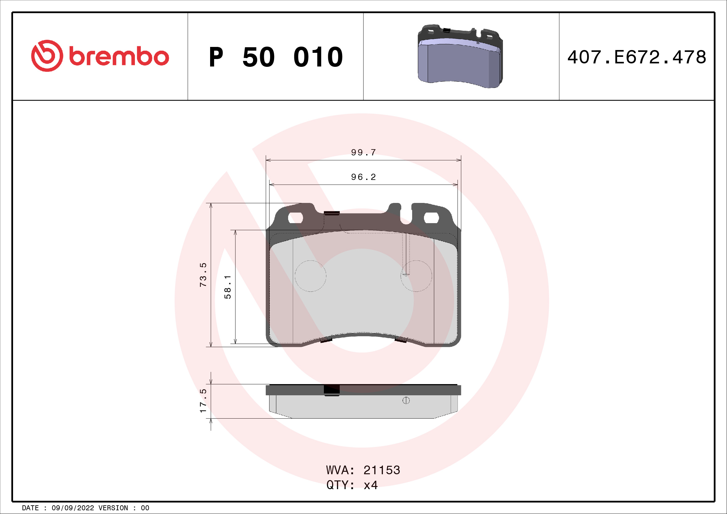Brake Pad Set, disc brake - P 50 010 BREMBO