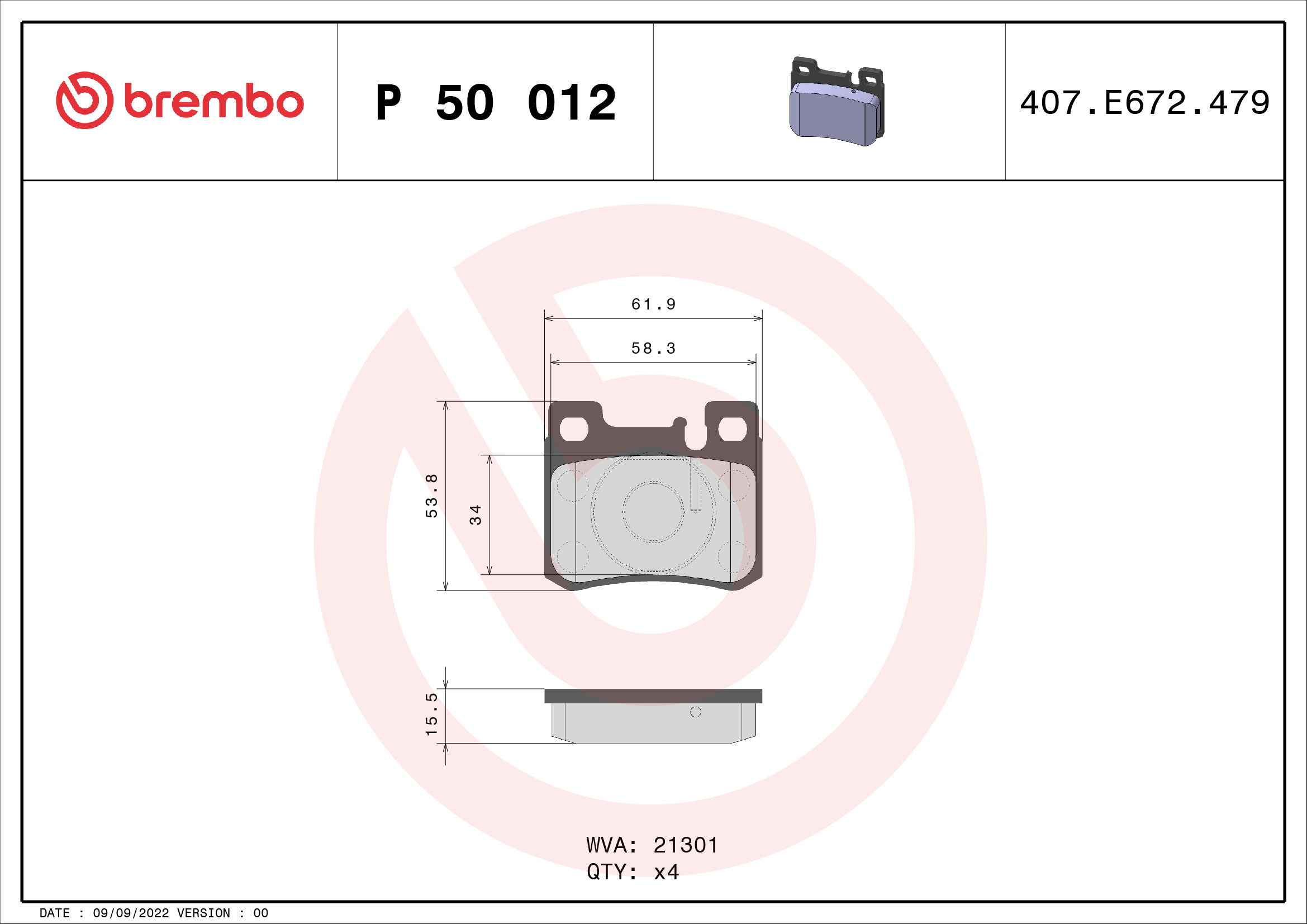 Brake Pad Set, disc brake - P 50 012 BREMBO