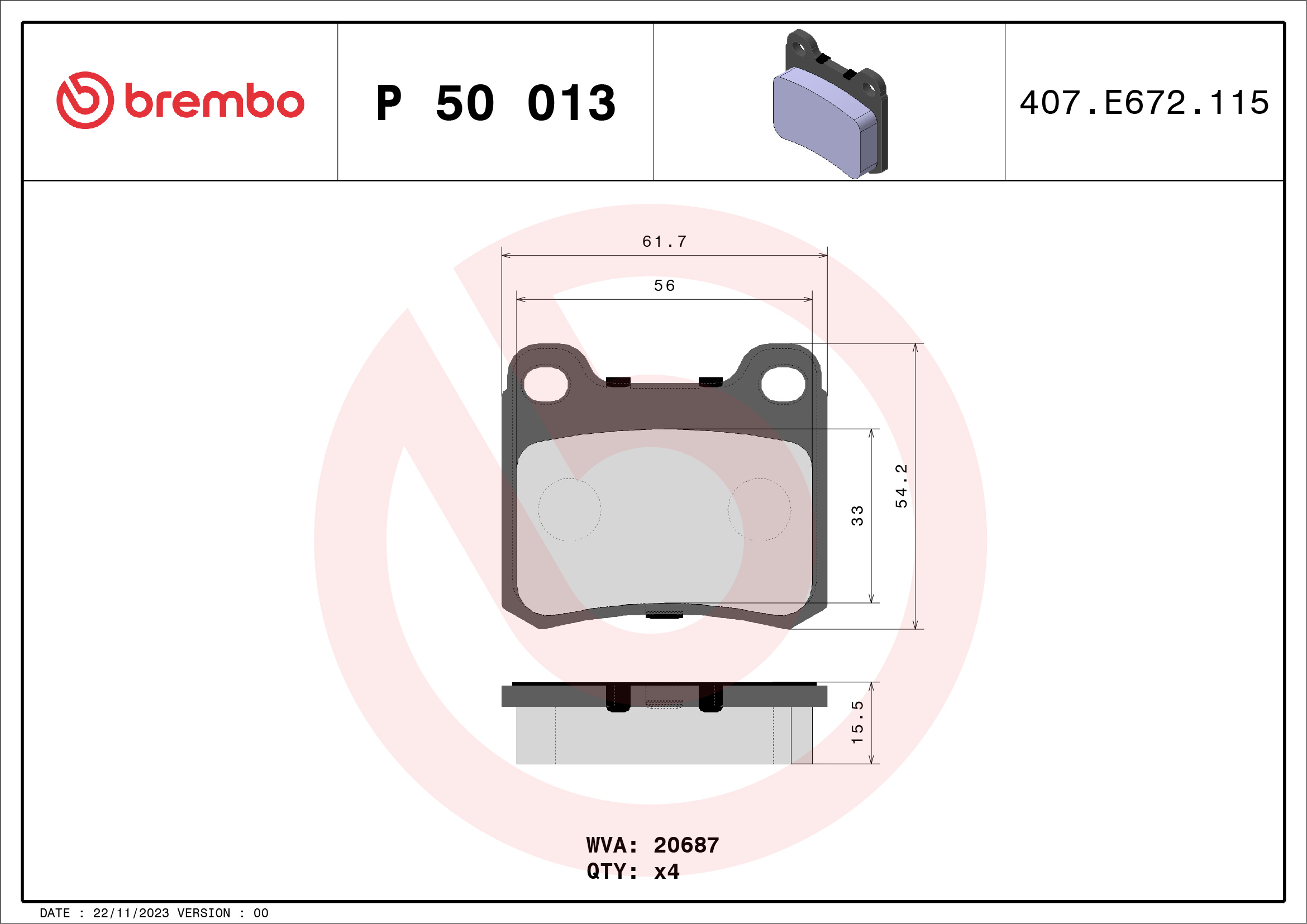 Brake Pad Set, disc brake - P 50 013 BREMBO