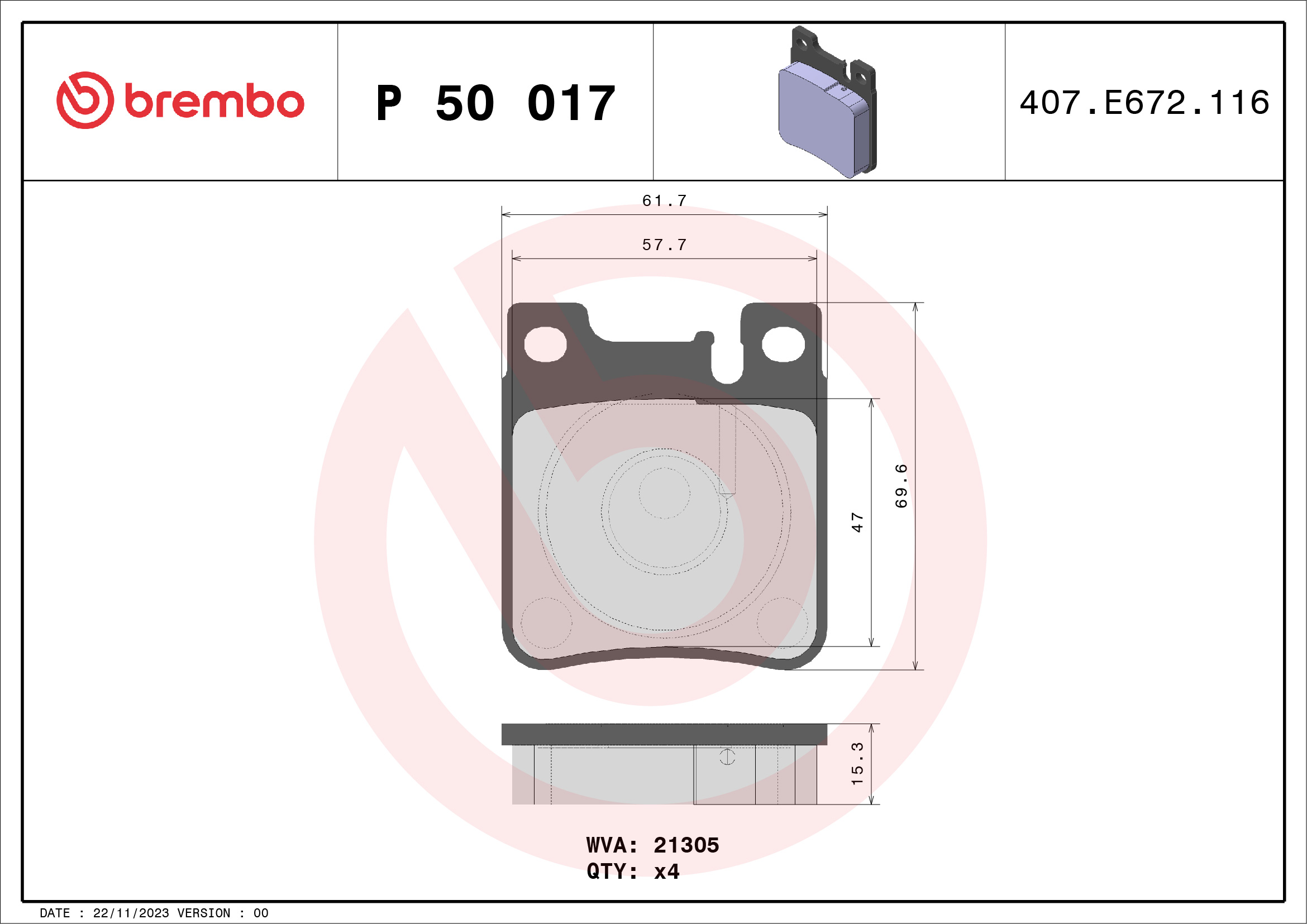 Brake Pad Set, disc brake - P 50 017 BREMBO