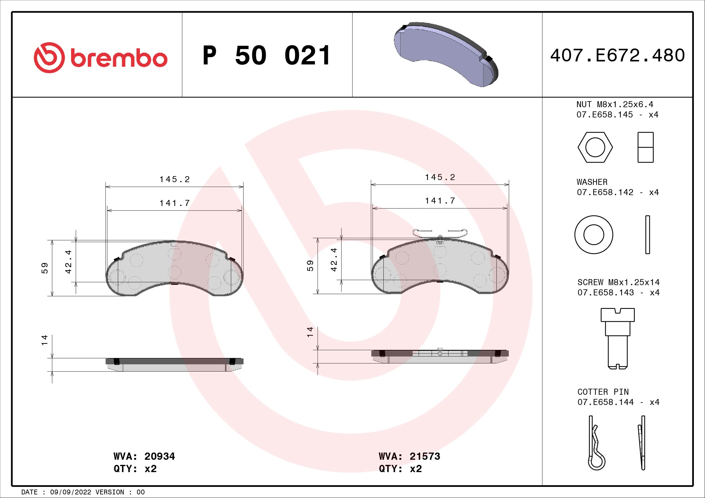 Kit pastiglie freno, Freno a disco - P 50 021 BREMBO
