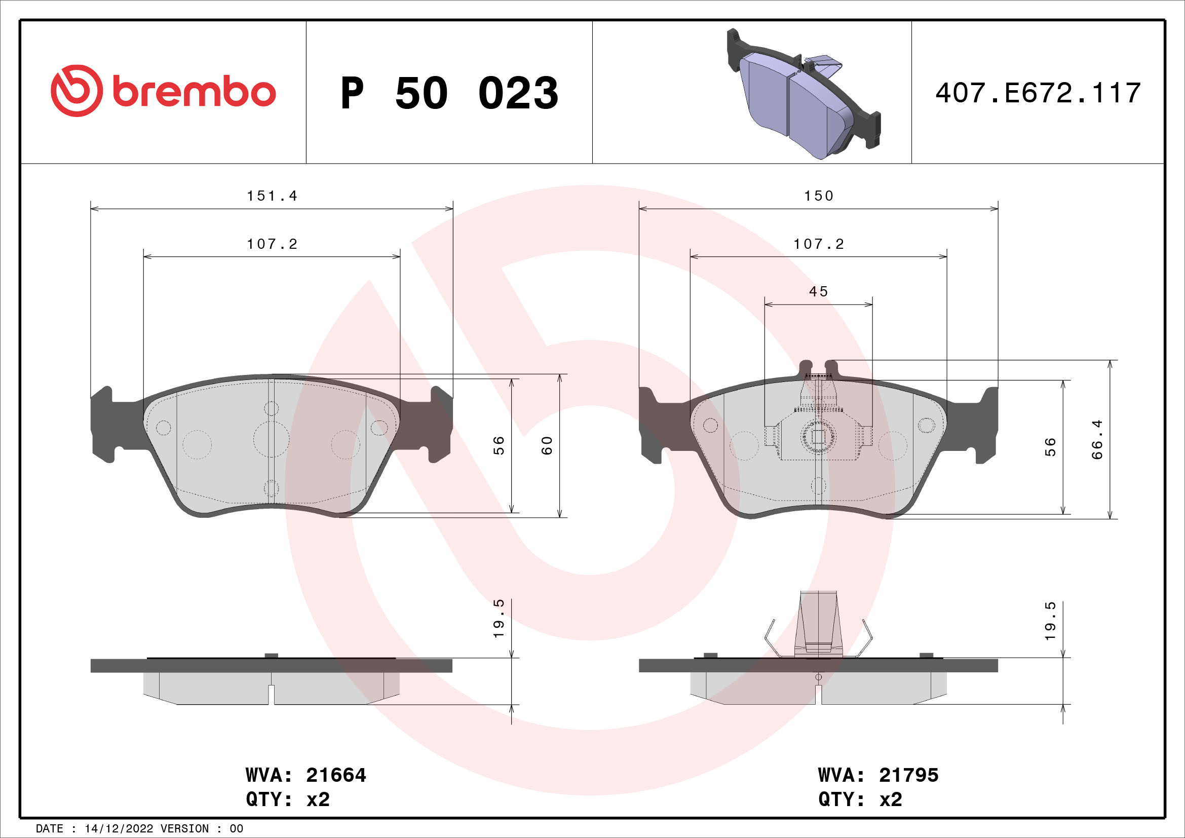 Brake Pad Set, disc brake - P 50 023 BREMBO