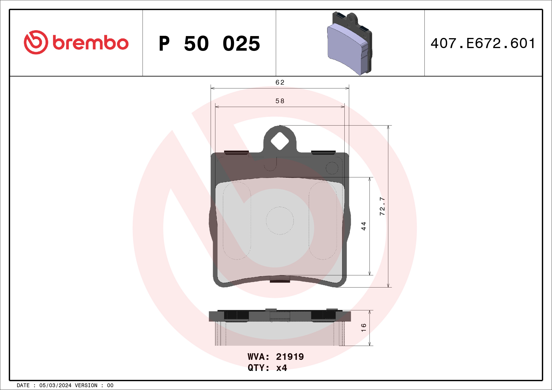Комплект тормозных колодок, дисковый тормоз - P 50 025 BREMBO