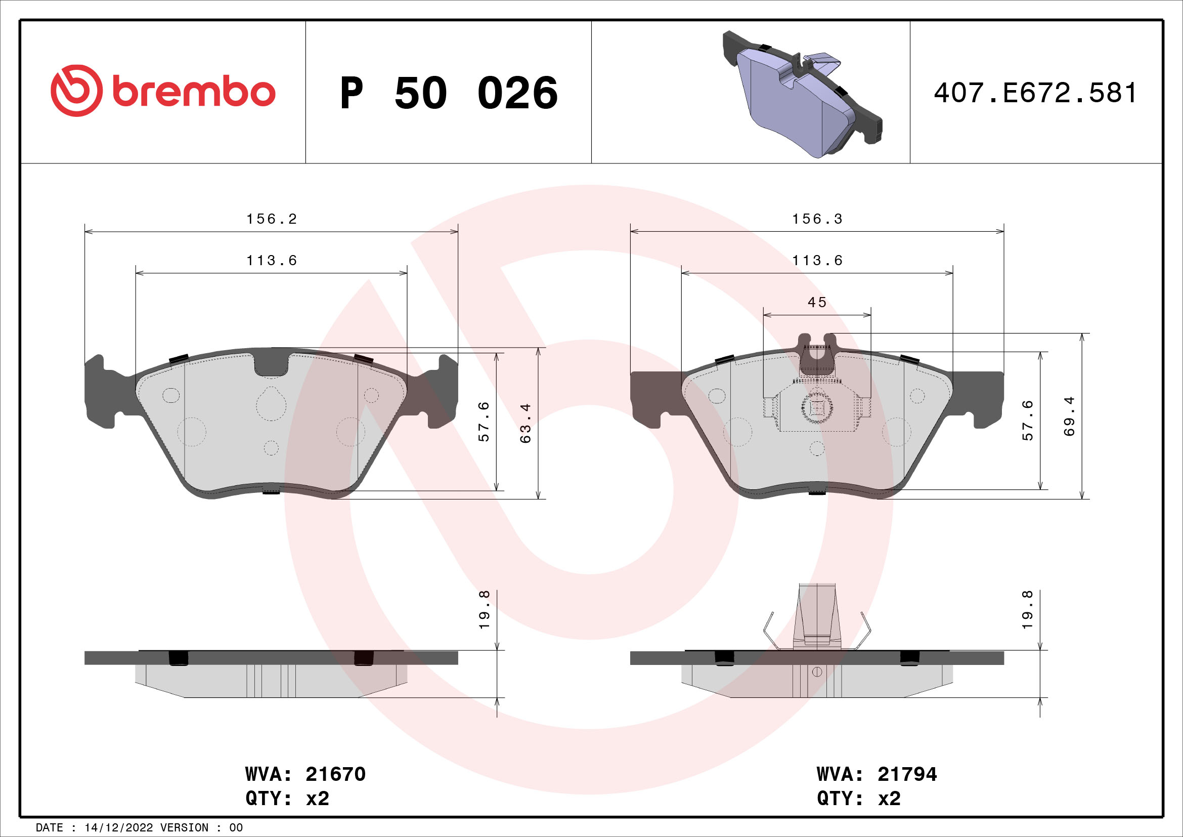 Bremsbelagsatz, Scheibenbremse - P 50 026 BREMBO