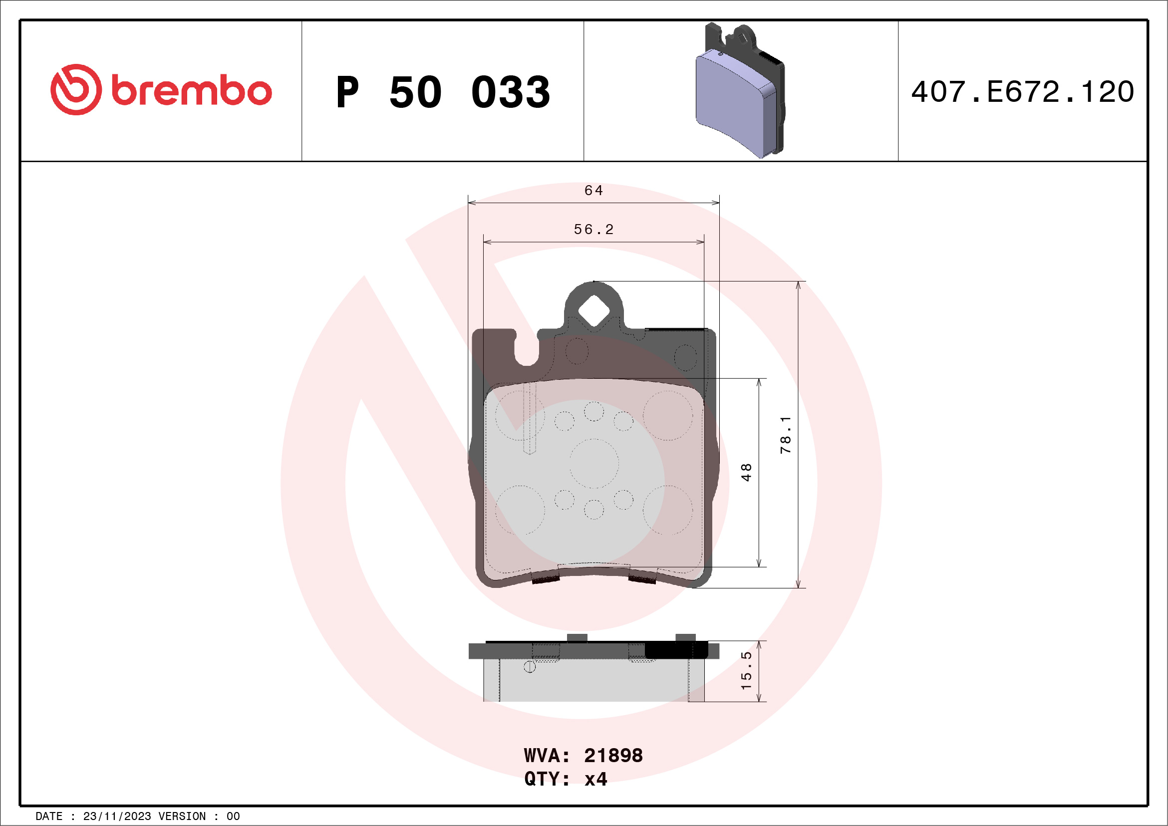 Brake Pad Set, disc brake - P 50 033 BREMBO