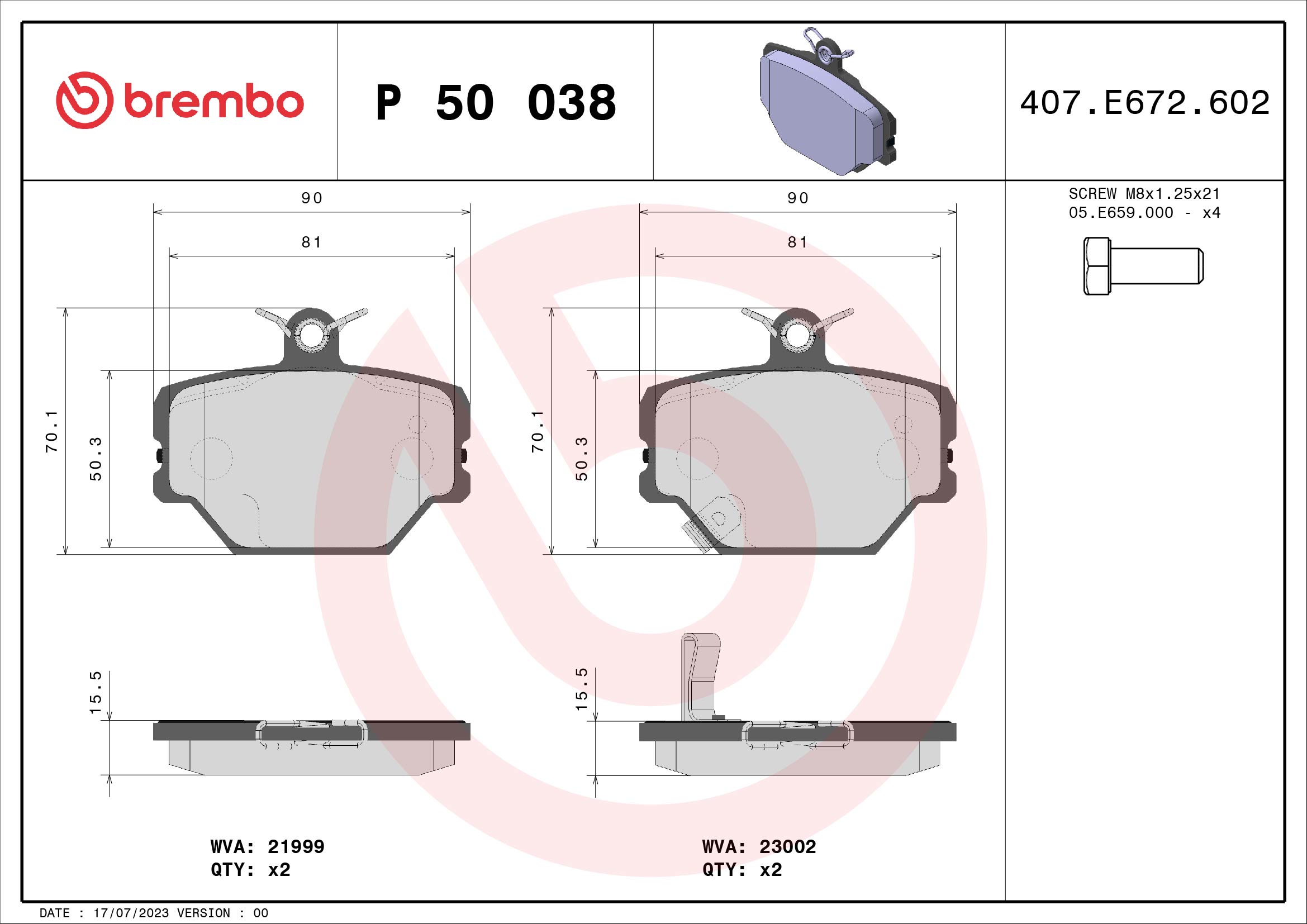 stabdžių trinkelių rinkinys, diskinis stabdys - P 50 038 BREMBO