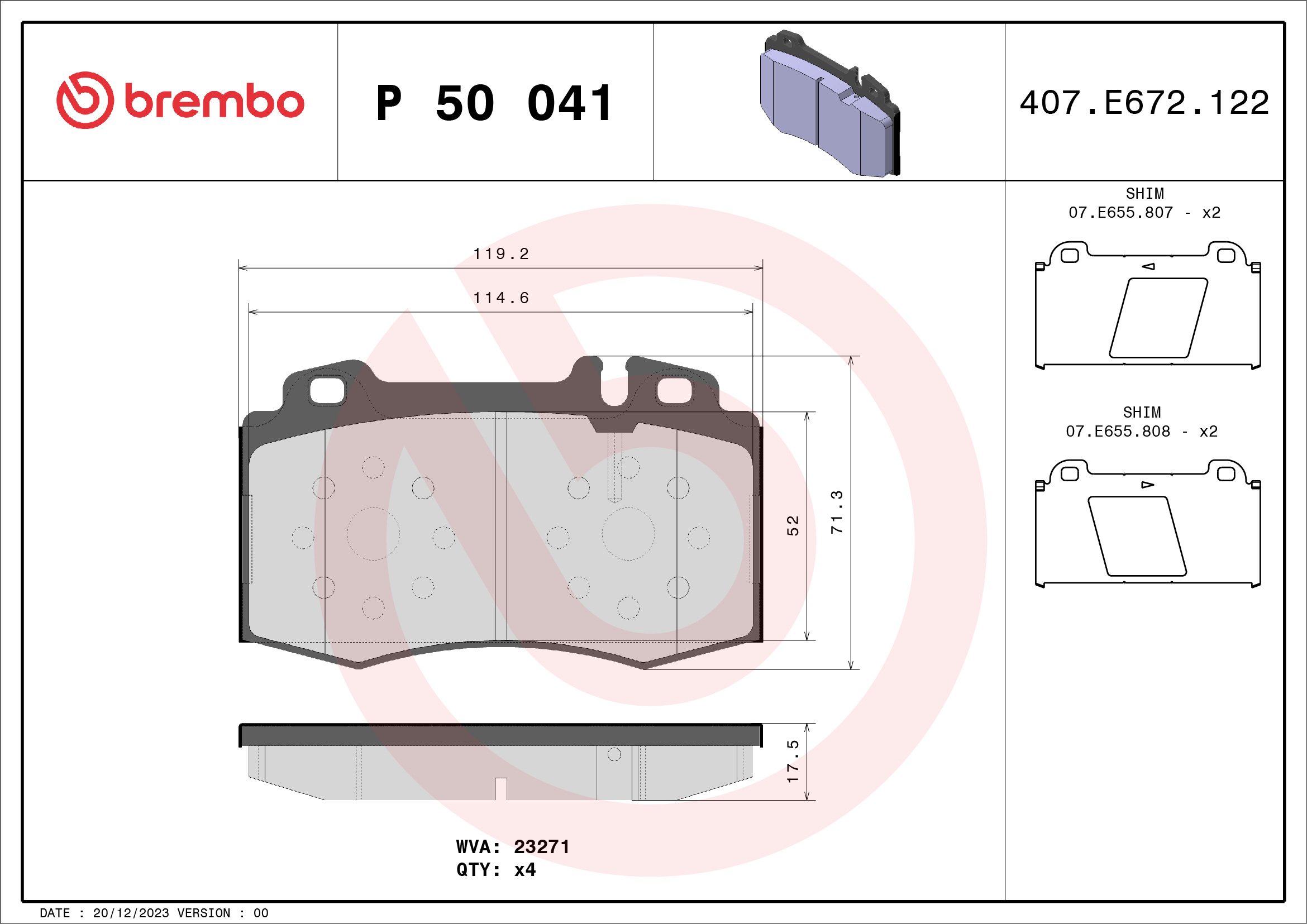 stabdžių trinkelių rinkinys, diskinis stabdys - P 50 041 BREMBO