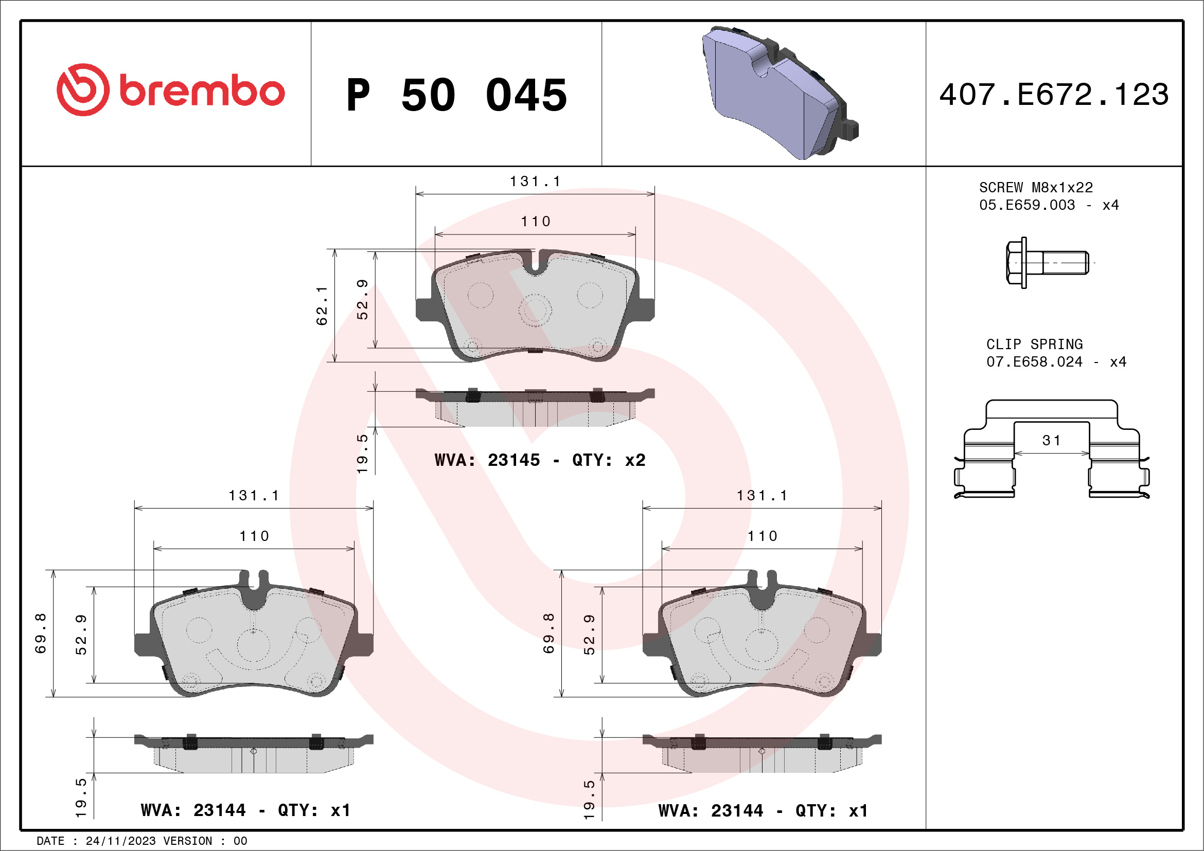 Brake Pad Set, disc brake - P 50 045 BREMBO