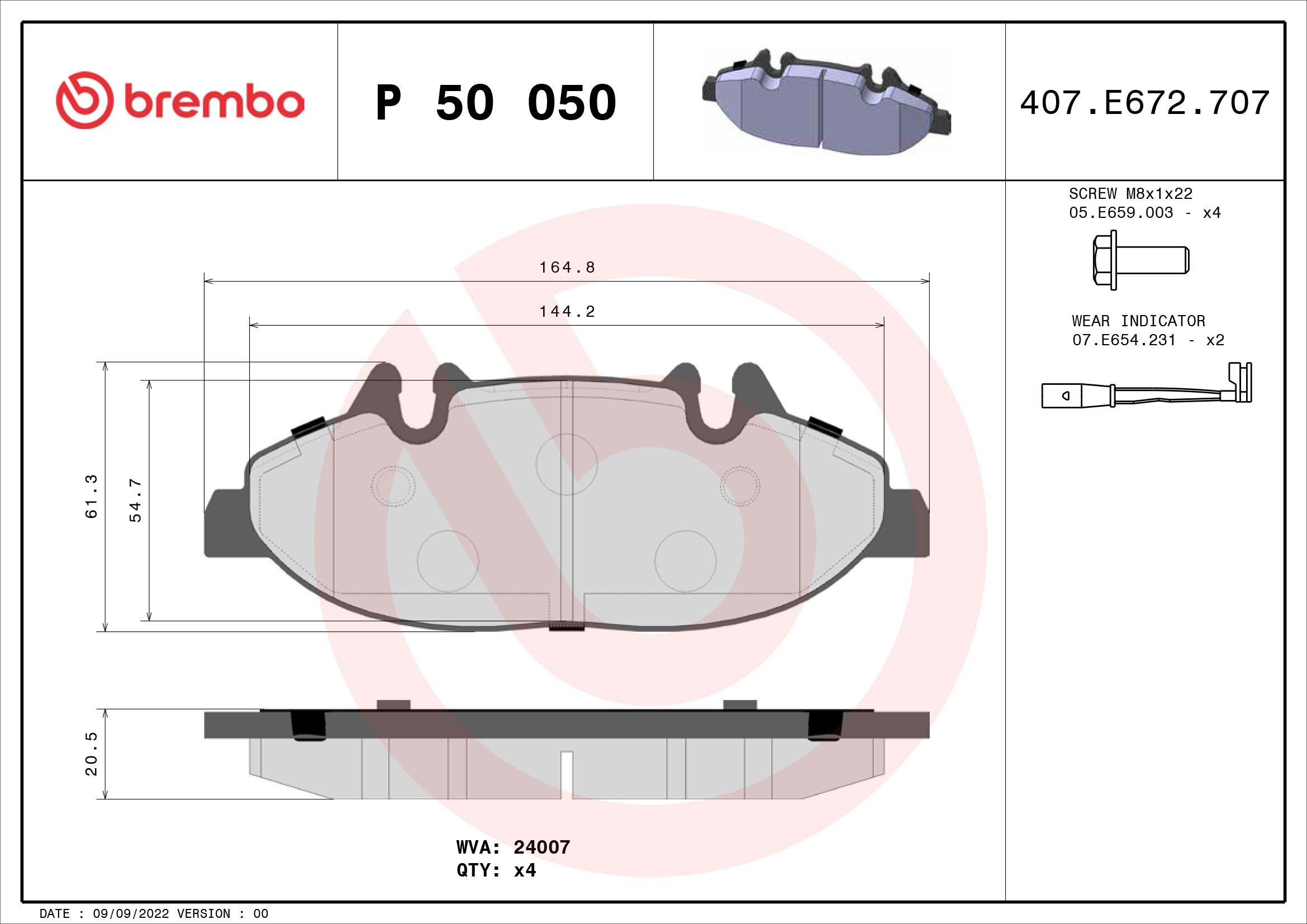 Комплект тормозных колодок, дисковый тормоз - P 50 050 BREMBO