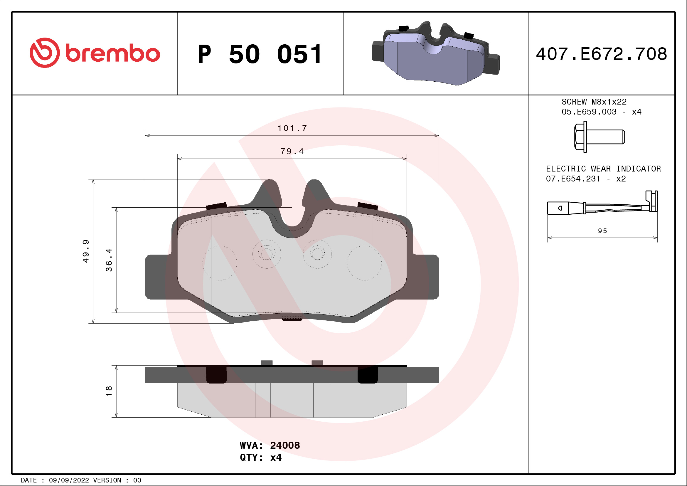Комплект тормозных колодок, дисковый тормоз - P 50 051 BREMBO