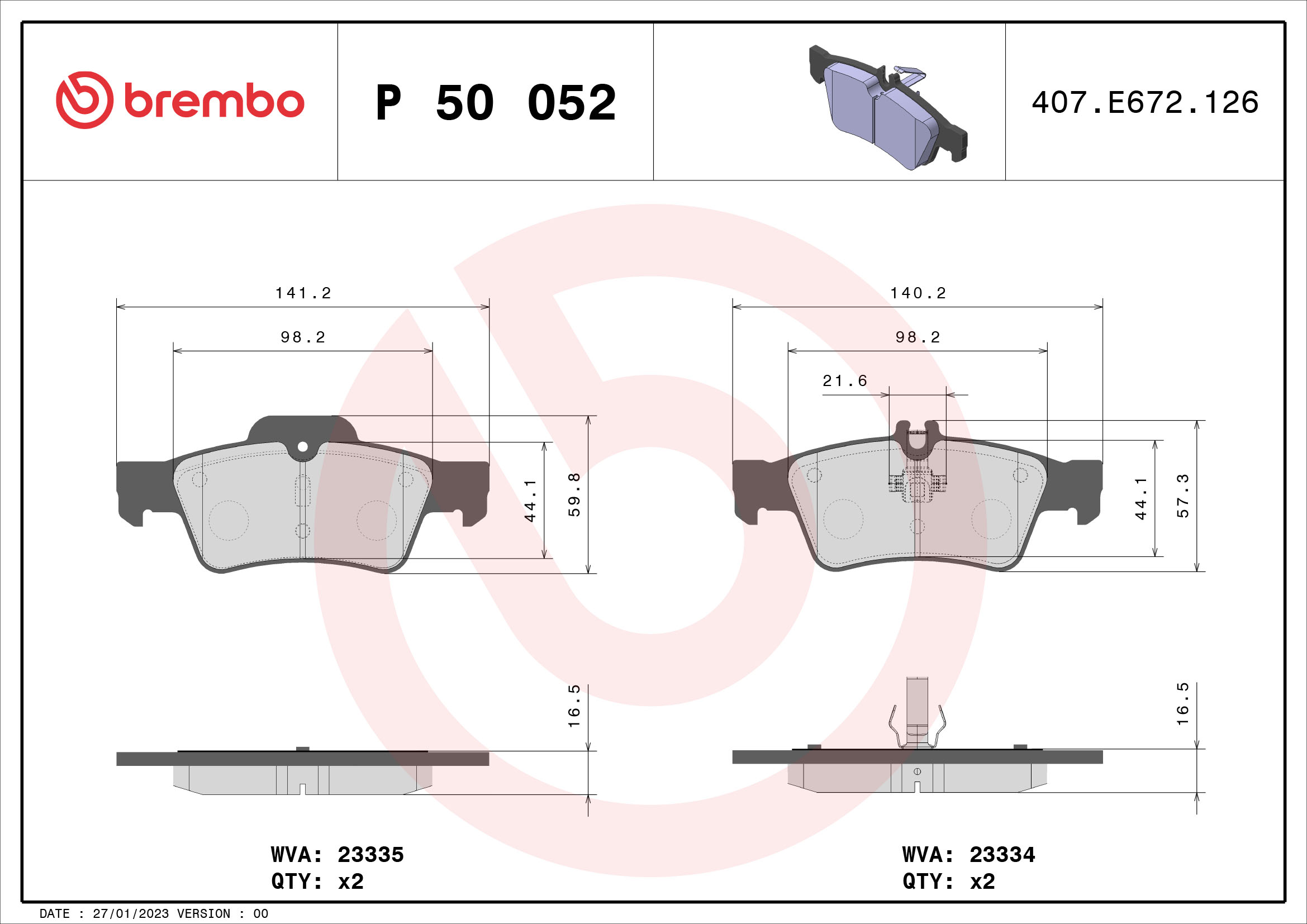 Комплект тормозных колодок, дисковый тормоз - P 50 052 BREMBO