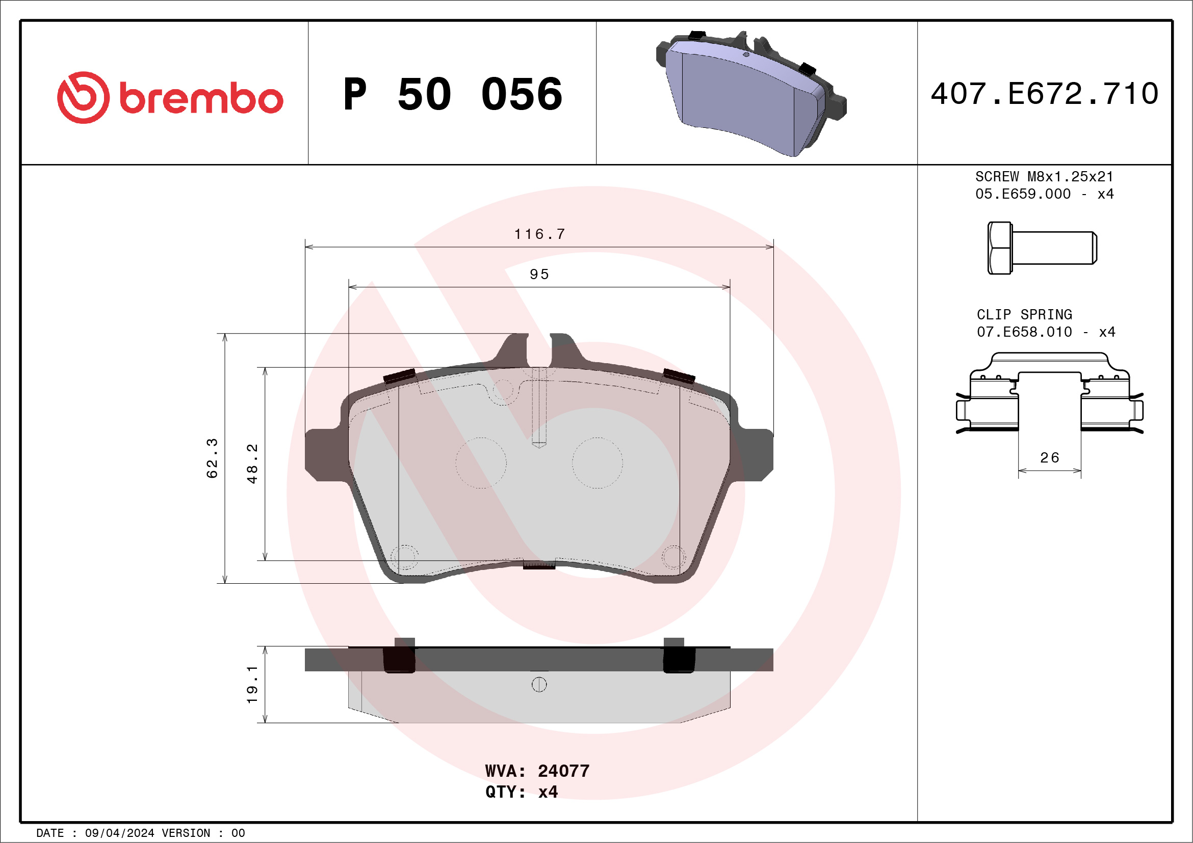 stabdžių trinkelių rinkinys, diskinis stabdys - P 50 056 BREMBO