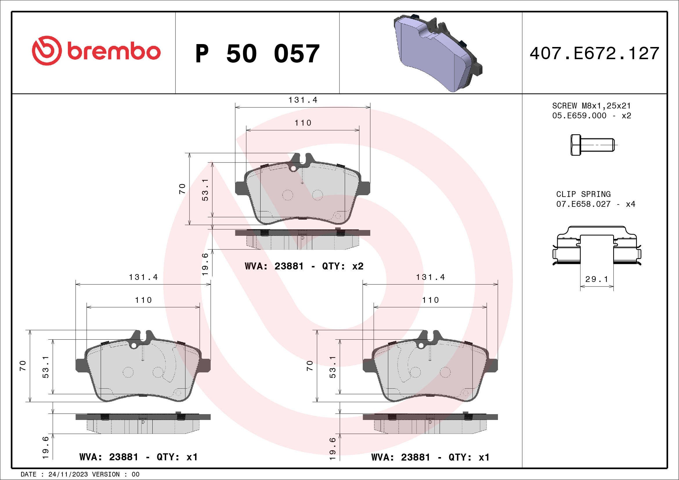 Brake Pad Set, disc brake - P 50 057 BREMBO