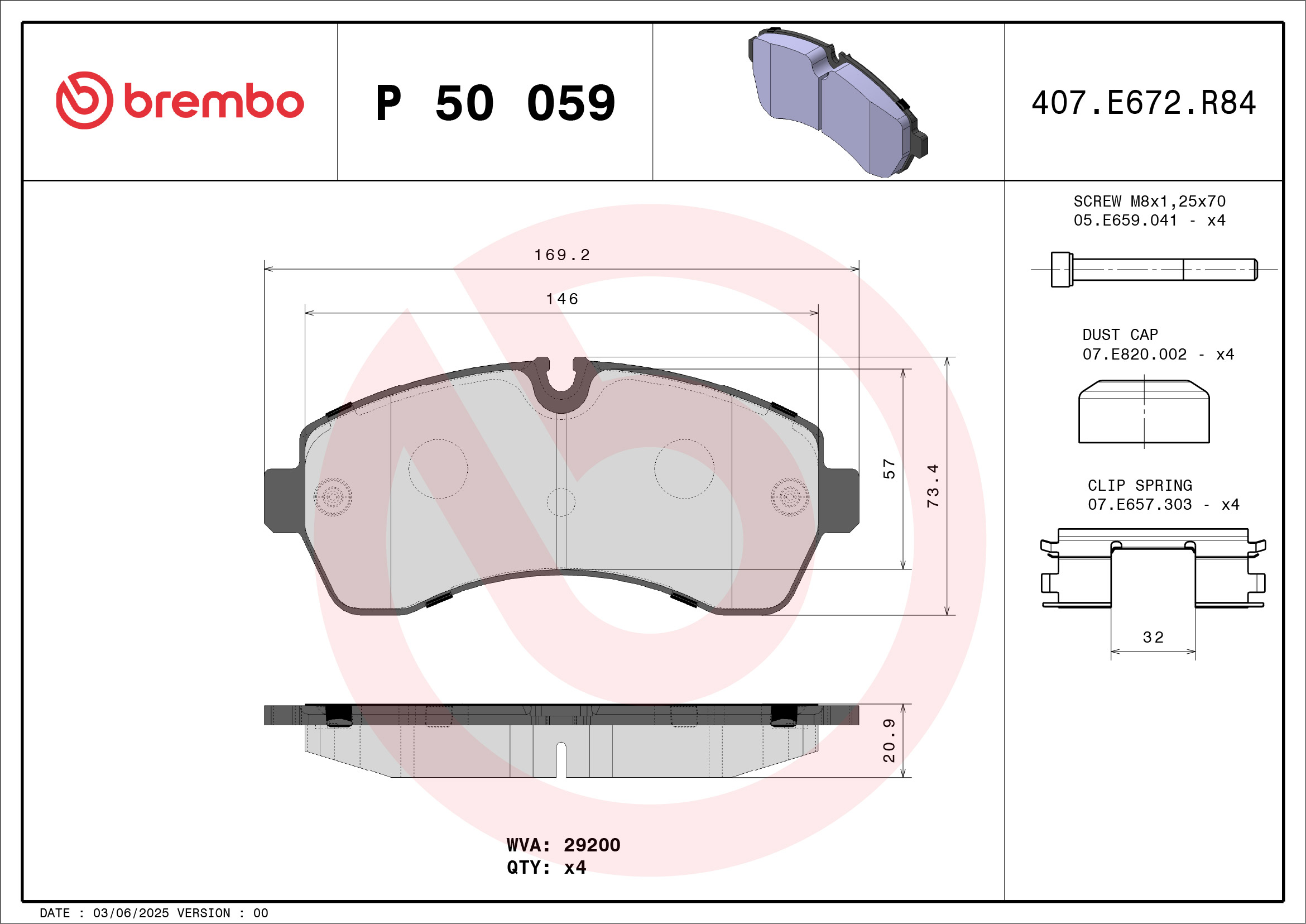 stabdžių trinkelių rinkinys, diskinis stabdys - P 50 059 BREMBO