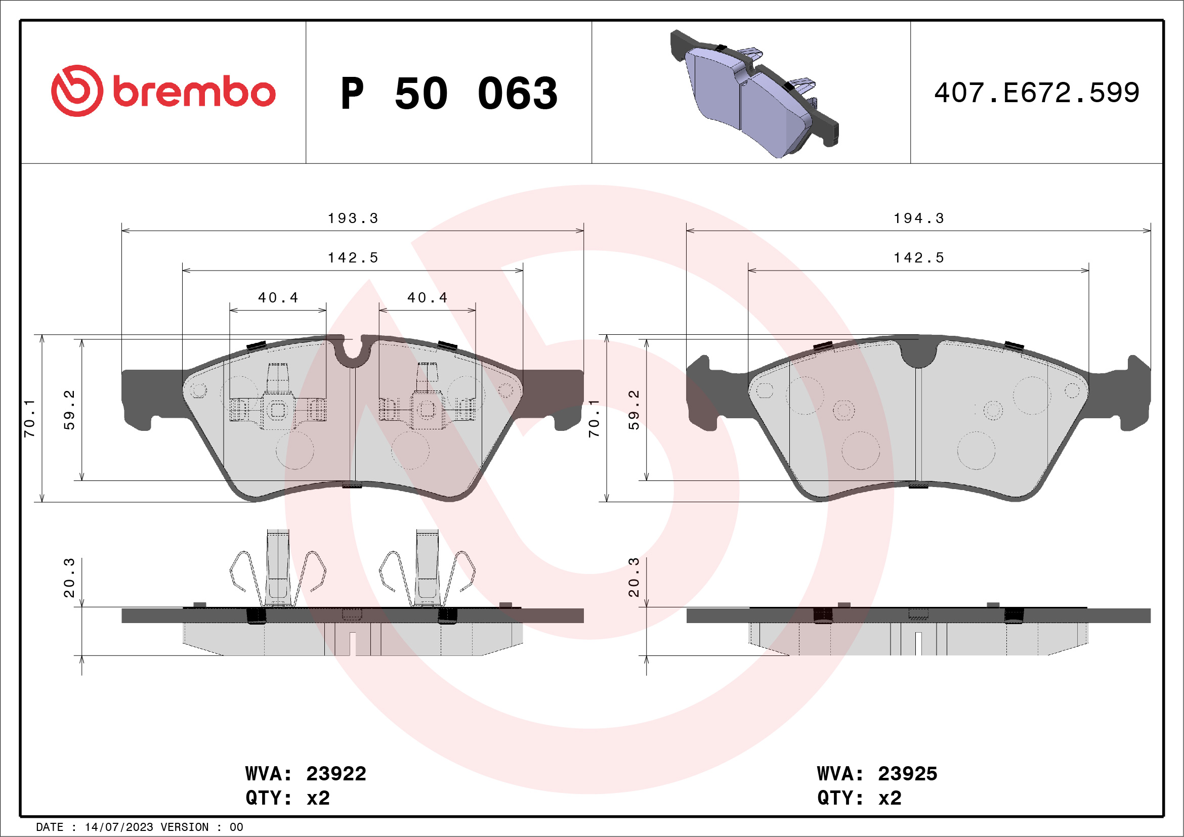 Brake Pad Set, disc brake - P 50 063 BREMBO