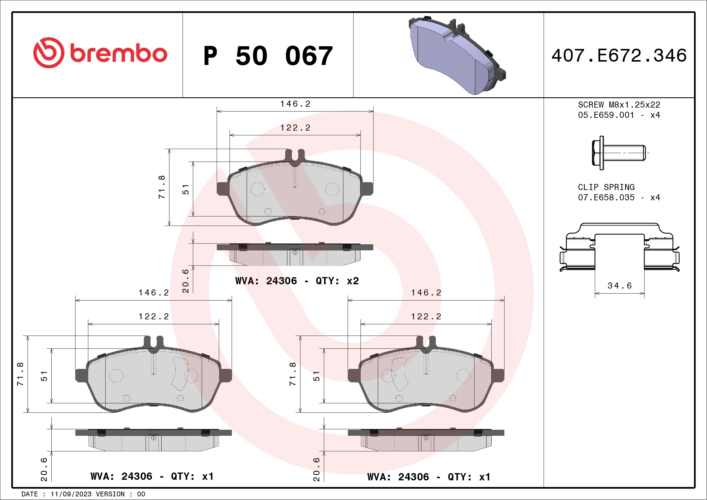 Brake Pad Set, disc brake - P 50 067 BREMBO