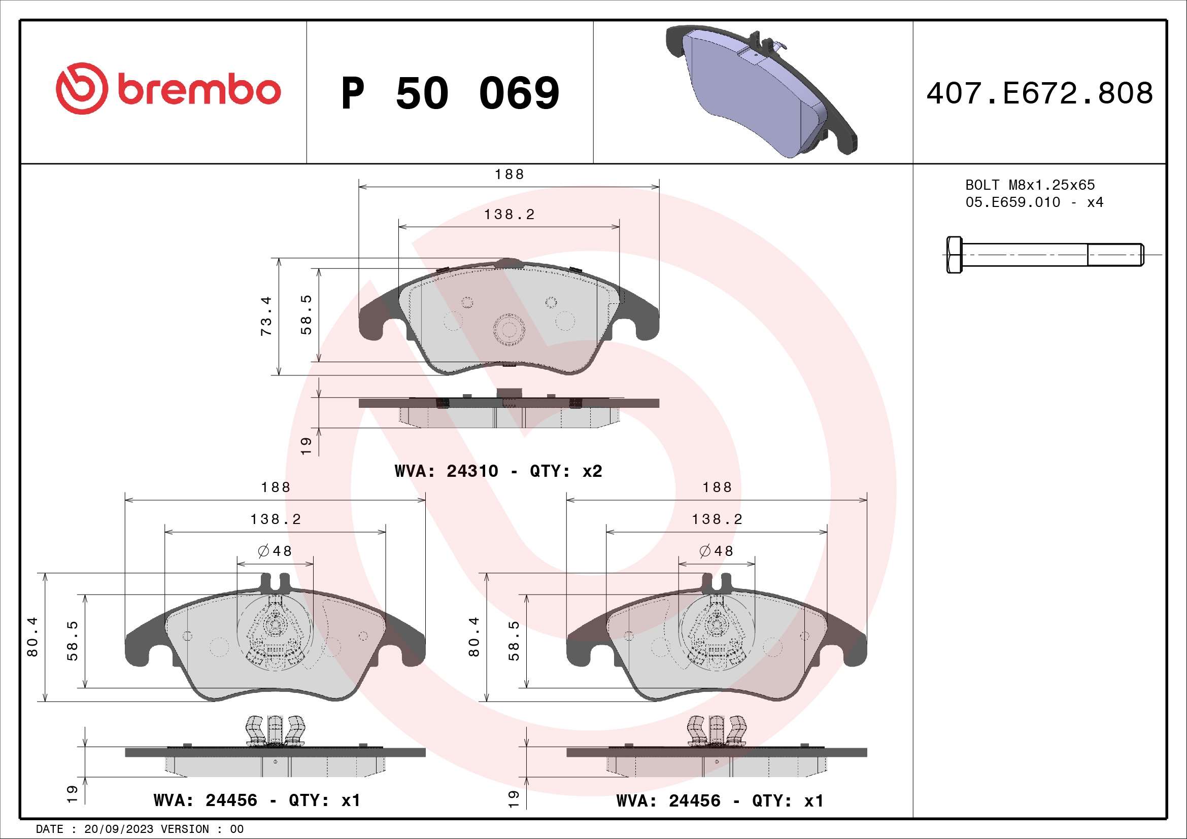Комплект тормозных колодок, дисковый тормоз - P 50 069 BREMBO
