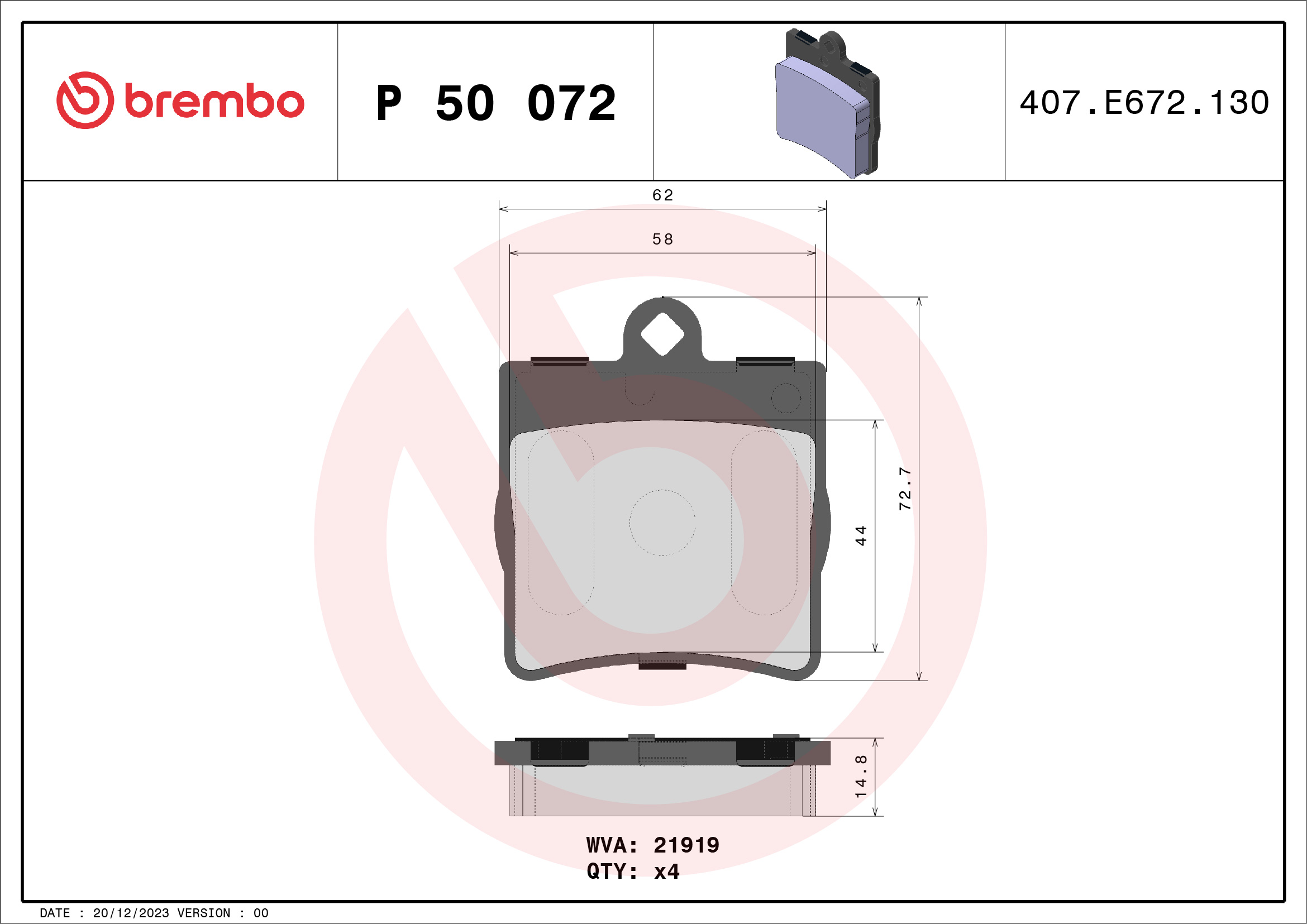 Brake Pad Set, disc brake - P 50 072 BREMBO