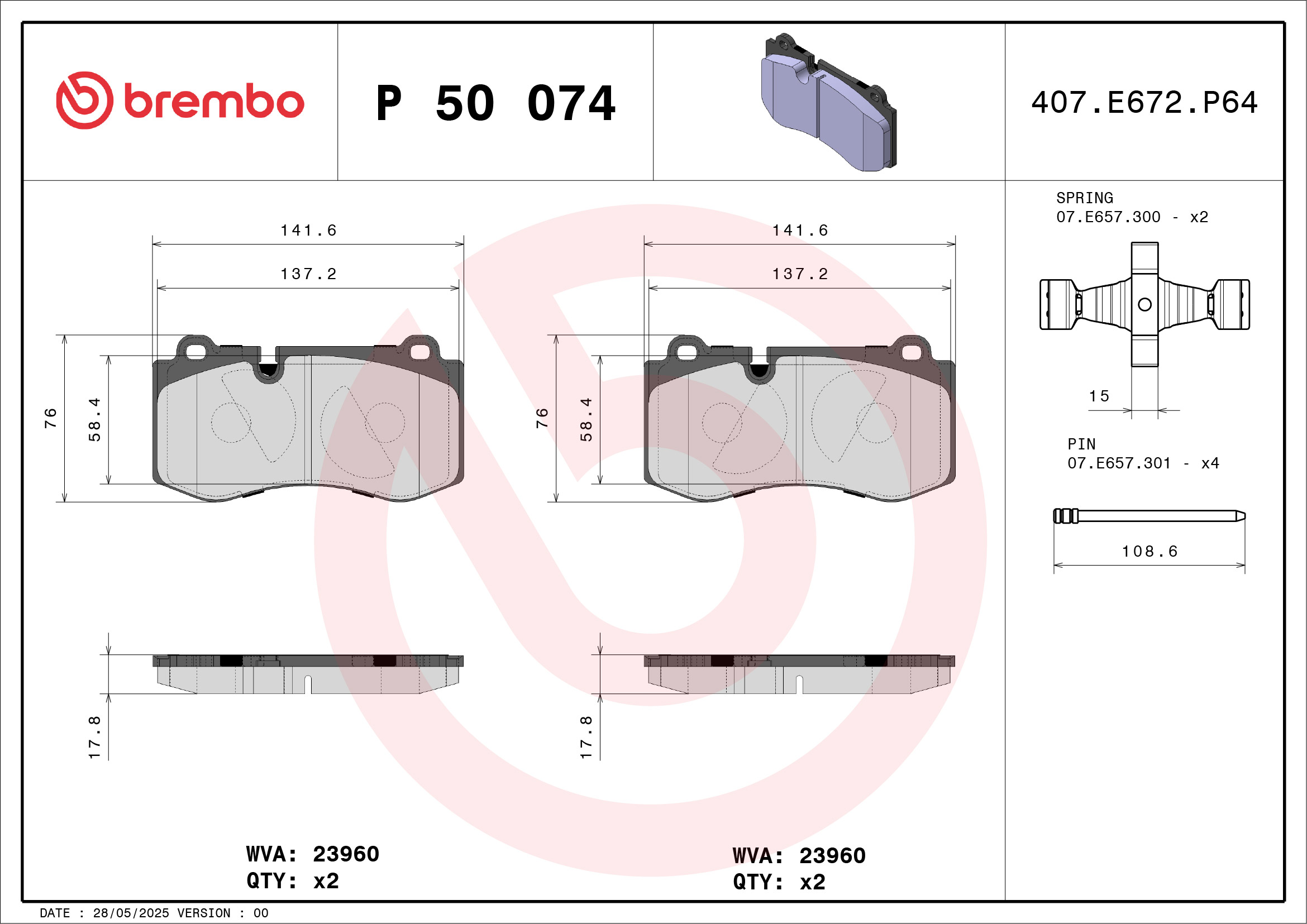 stabdžių trinkelių rinkinys, diskinis stabdys - P 50 074 BREMBO