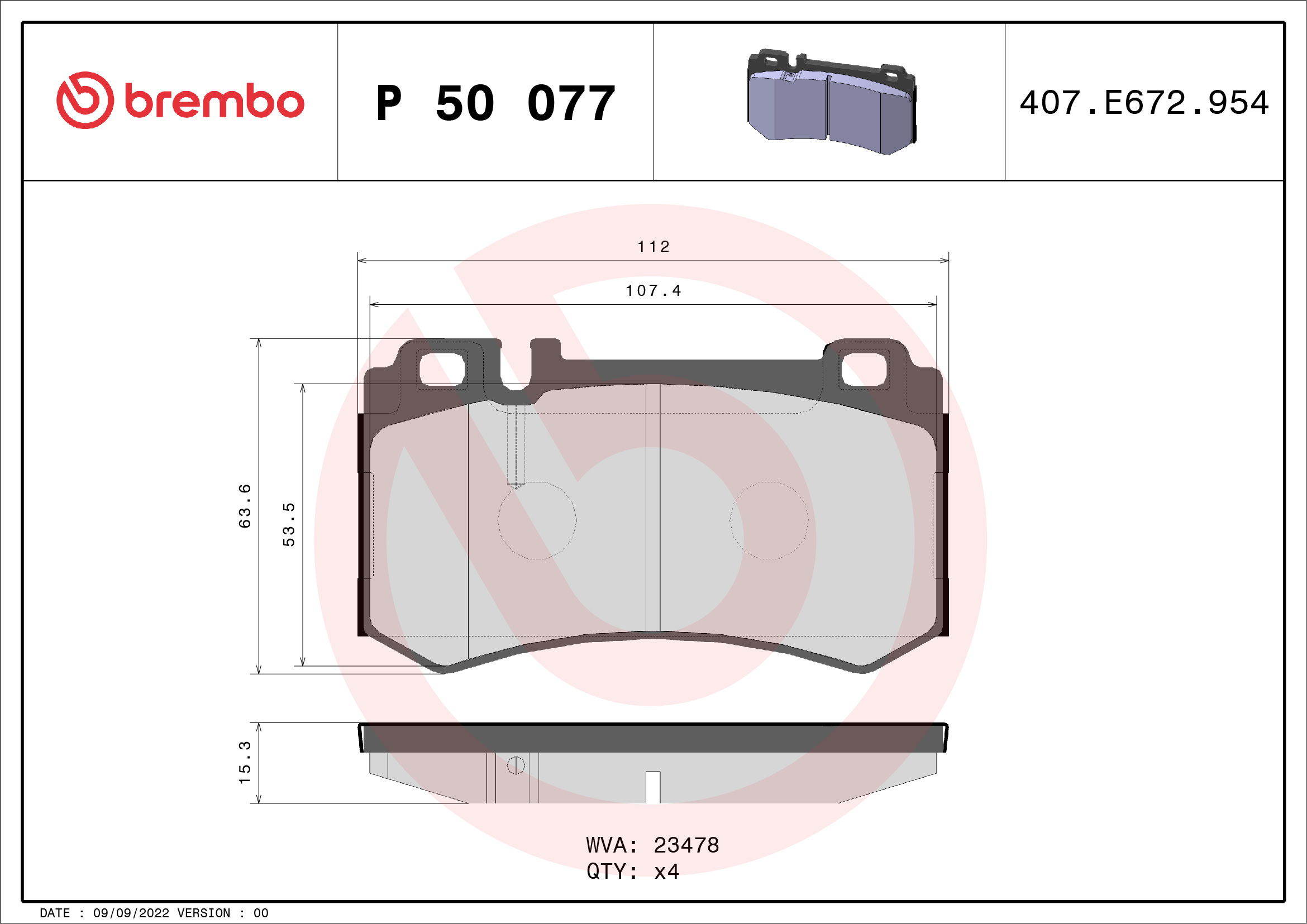 Brake Pad Set, disc brake - P 50 077 BREMBO