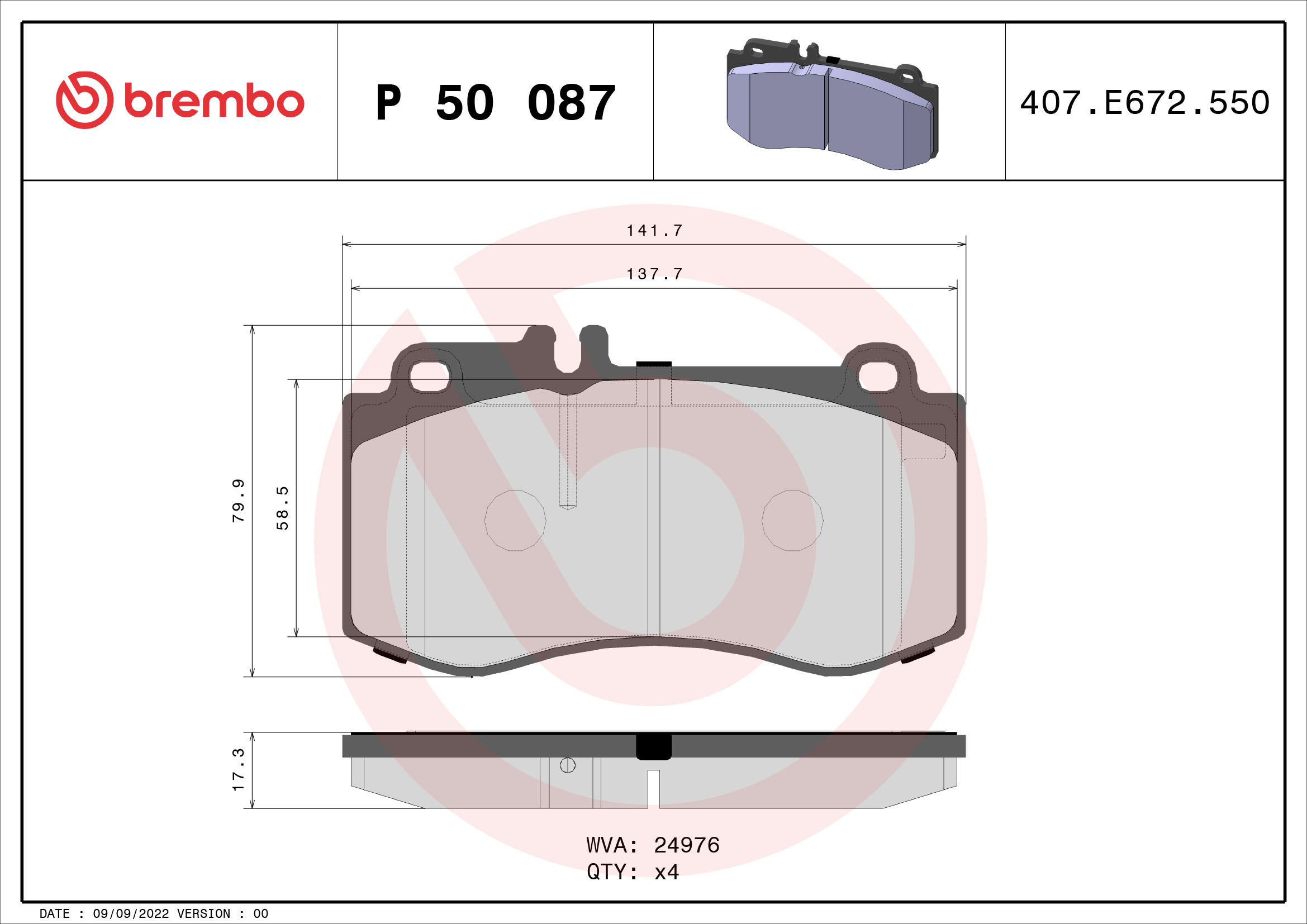 Brake Pad Set, disc brake - P 50 087 BREMBO