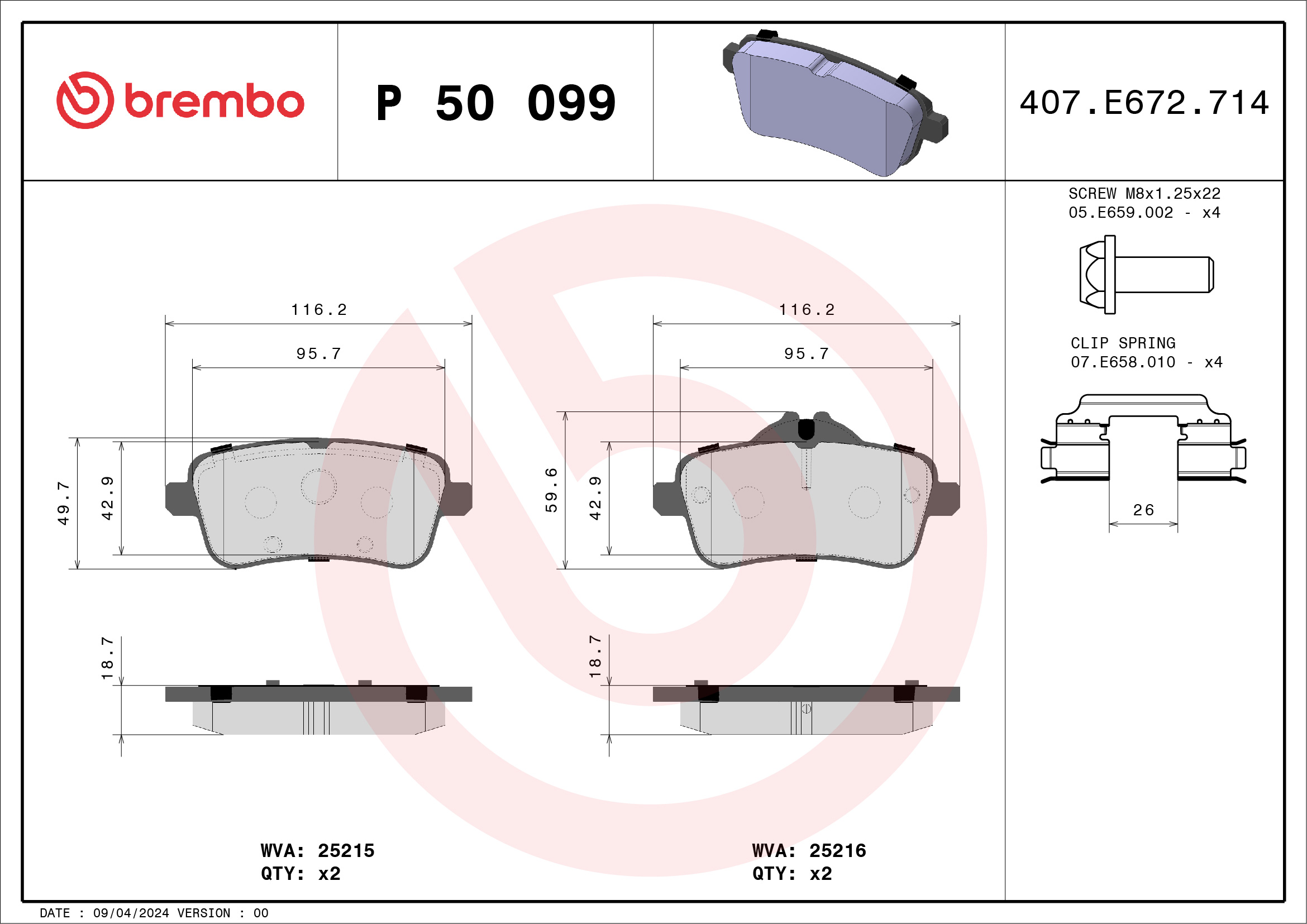 Kit pastiglie freno, Freno a disco - P 50 099 BREMBO