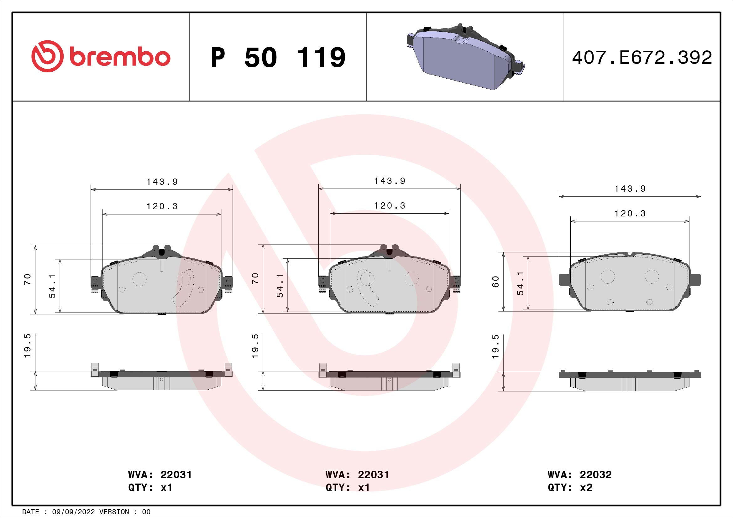 Brake Pad Set, disc brake - P 50 119 BREMBO