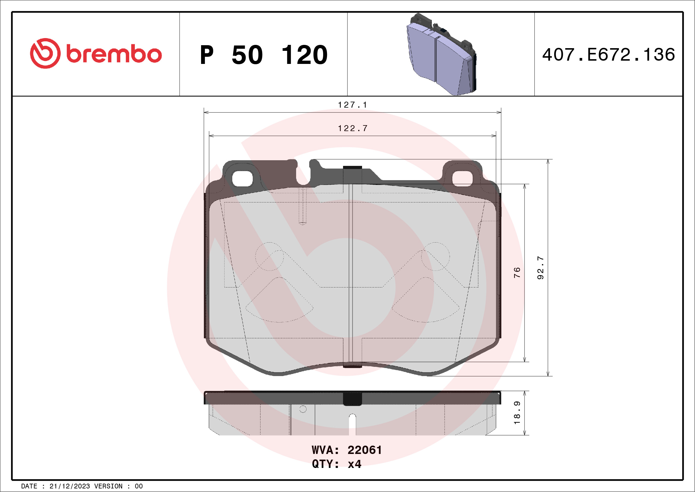 Brake Pad Set, disc brake - P 50 120 BREMBO