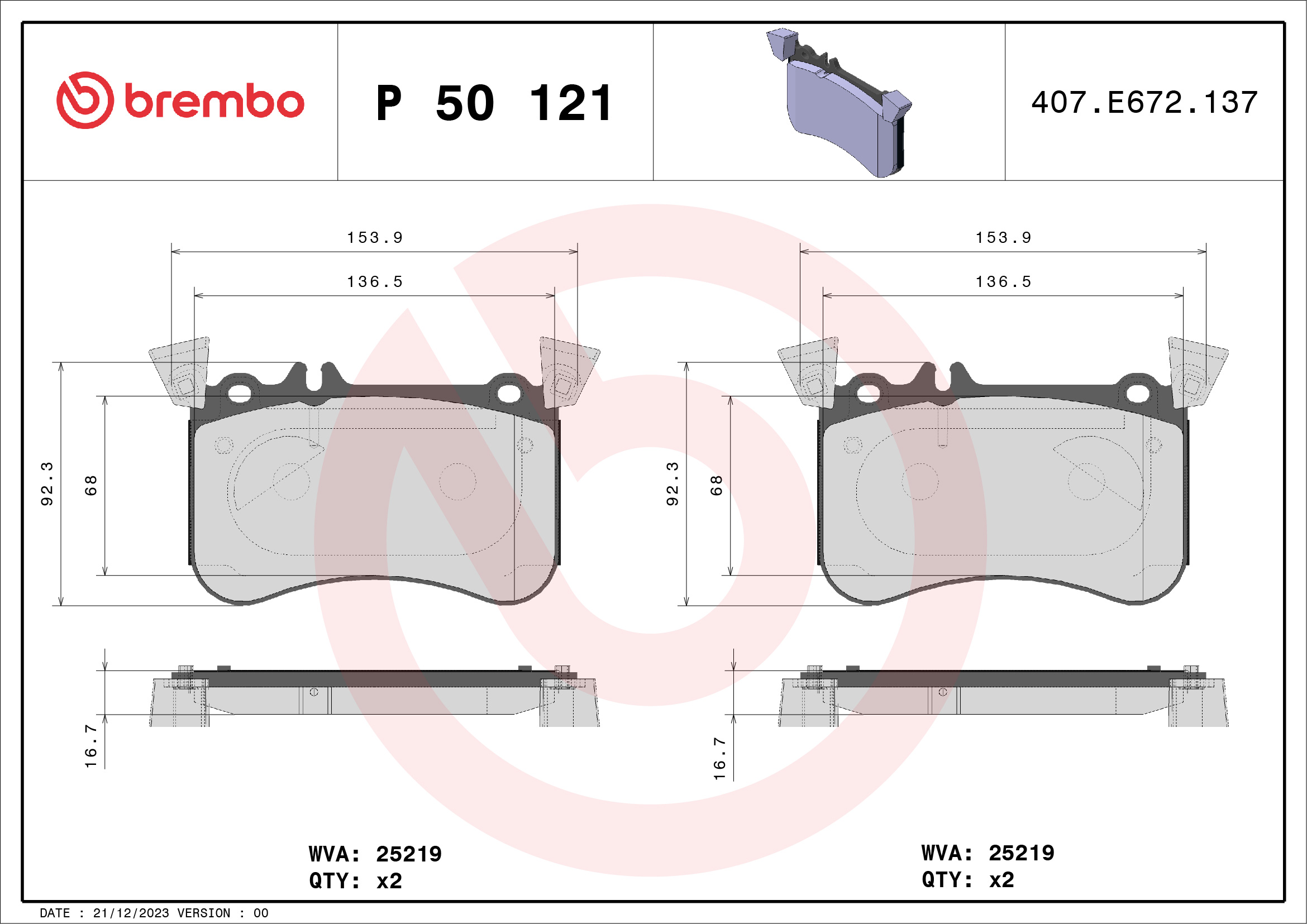 Brake Pad Set, disc brake - P 50 121 BREMBO