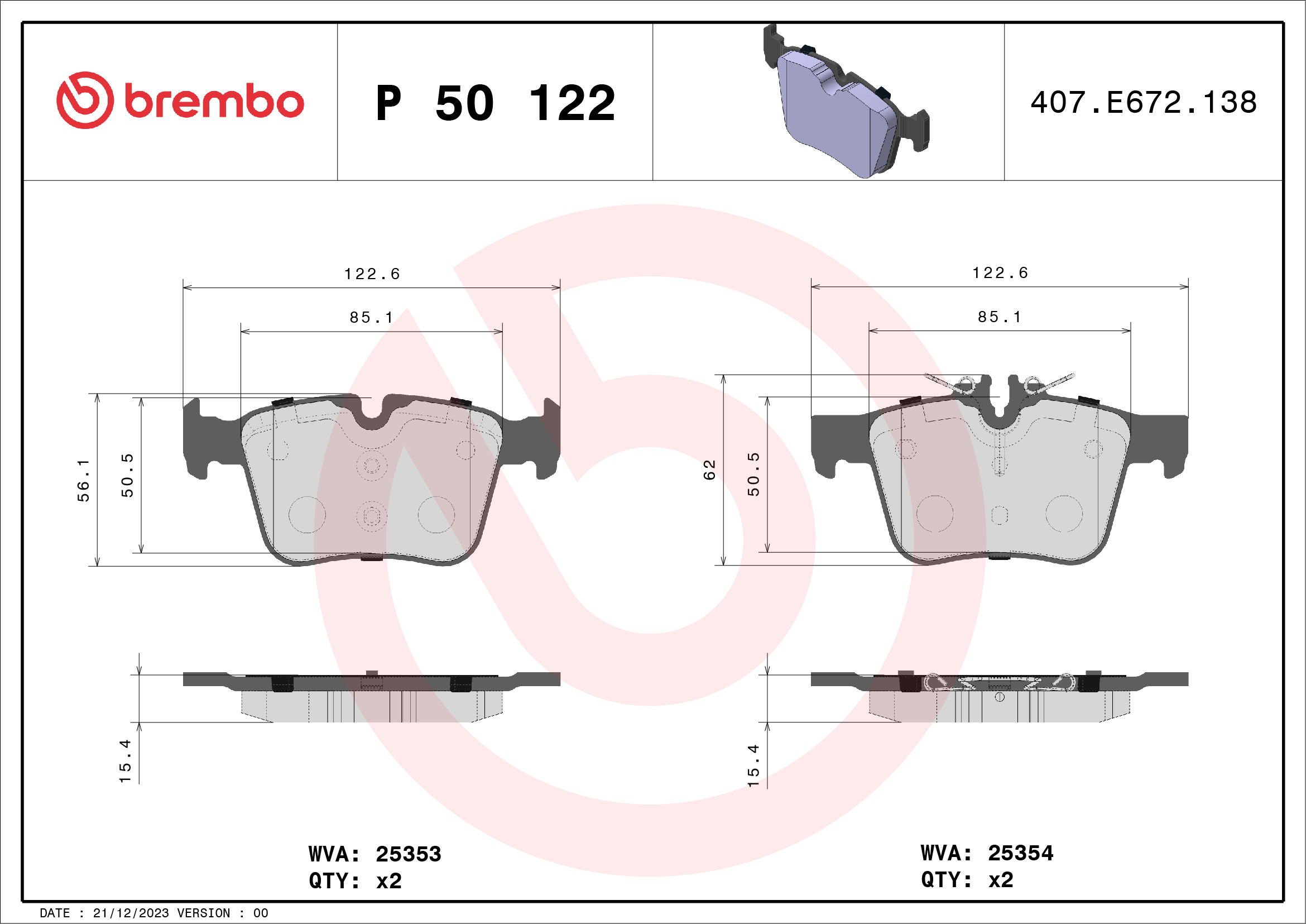 Brake Pad Set, disc brake - P 50 122 BREMBO
