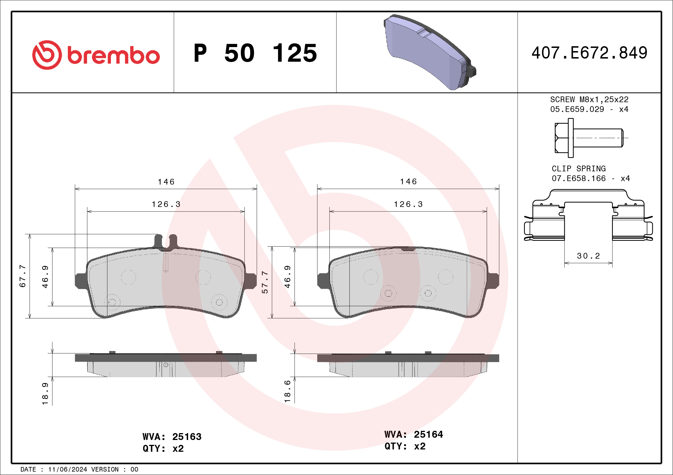 Kit pastiglie freno, Freno a disco - P 50 125 BREMBO