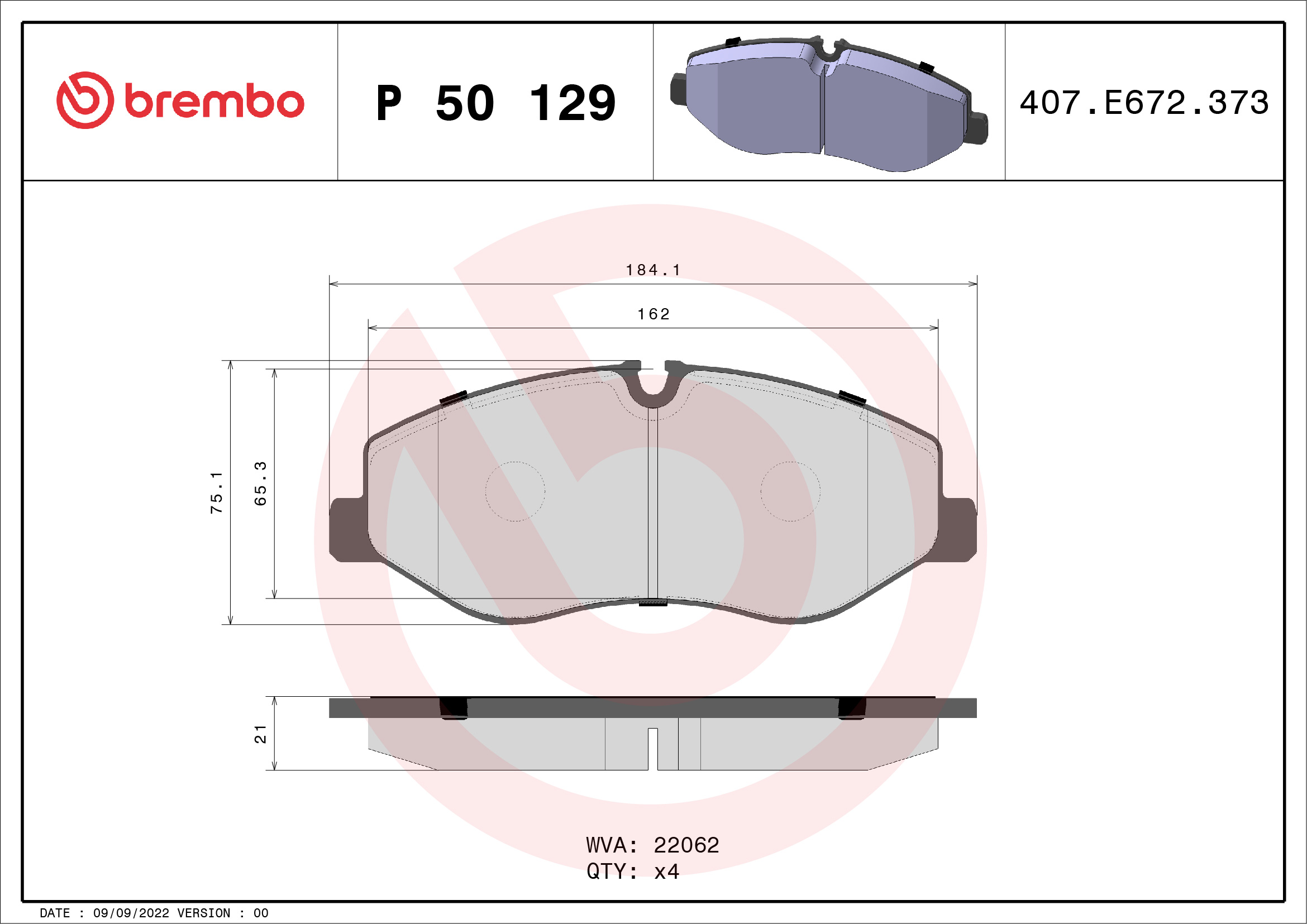 Комплект тормозных колодок, дисковый тормоз - P 50 129 BREMBO